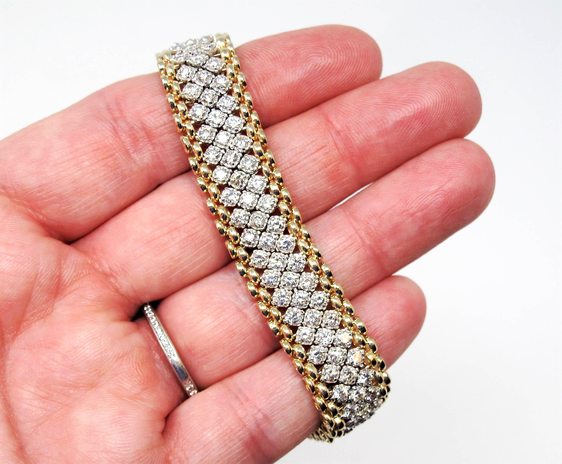 Brighten up your wrist with this gorgeous glittering pave diamond bracelet. Featuring more than 100 shimmering diamonds and a contrasting yellow gold border, the flexible mesh design of this beautiful piece offers a comfortable elegance that