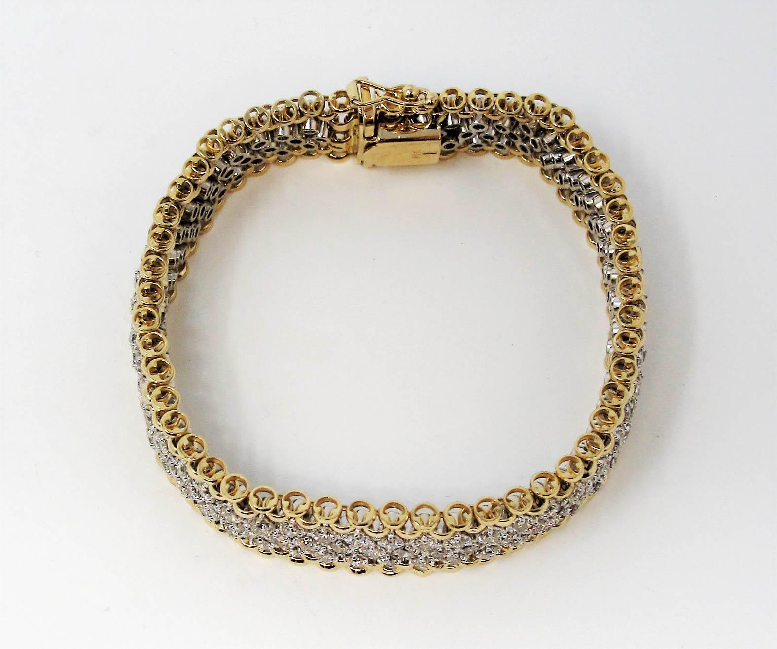 Contemporary 4.66 Carats Pave Diamond Flexible Mesh Bracelet 14 Karat Yellow and White Gold