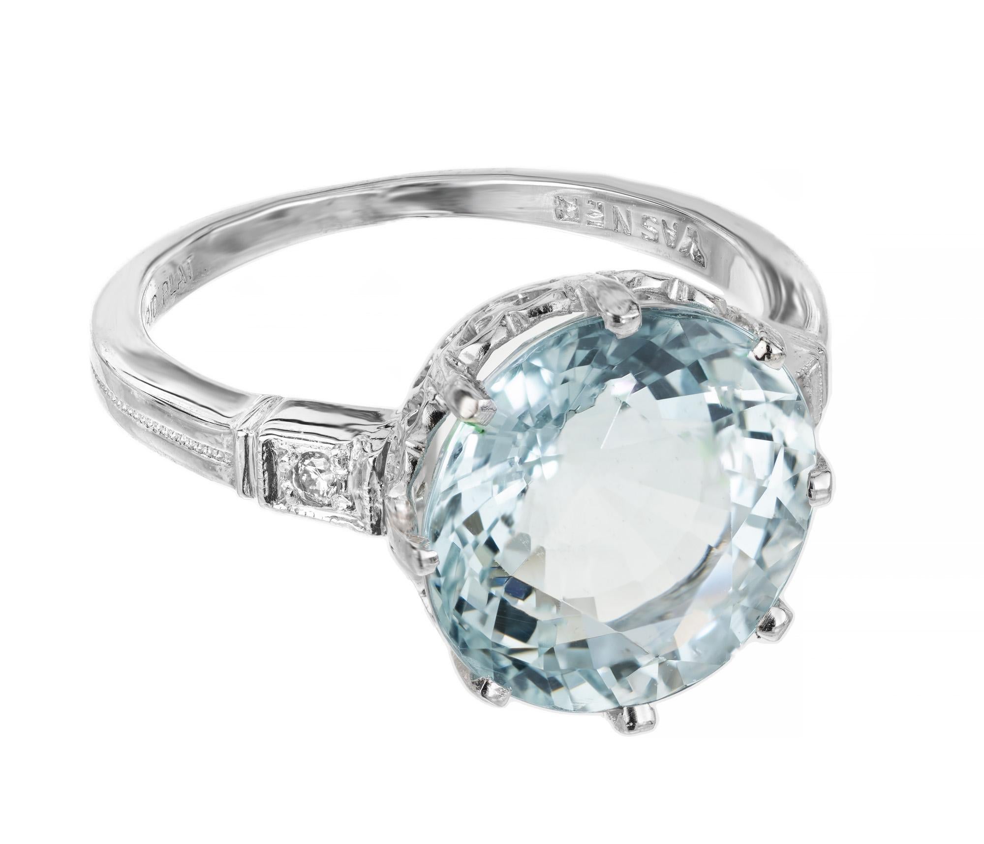 Round Cut 4.66 Carat Round Aquamarine Diamond Art Deco Platinum Engagement Ring  For Sale