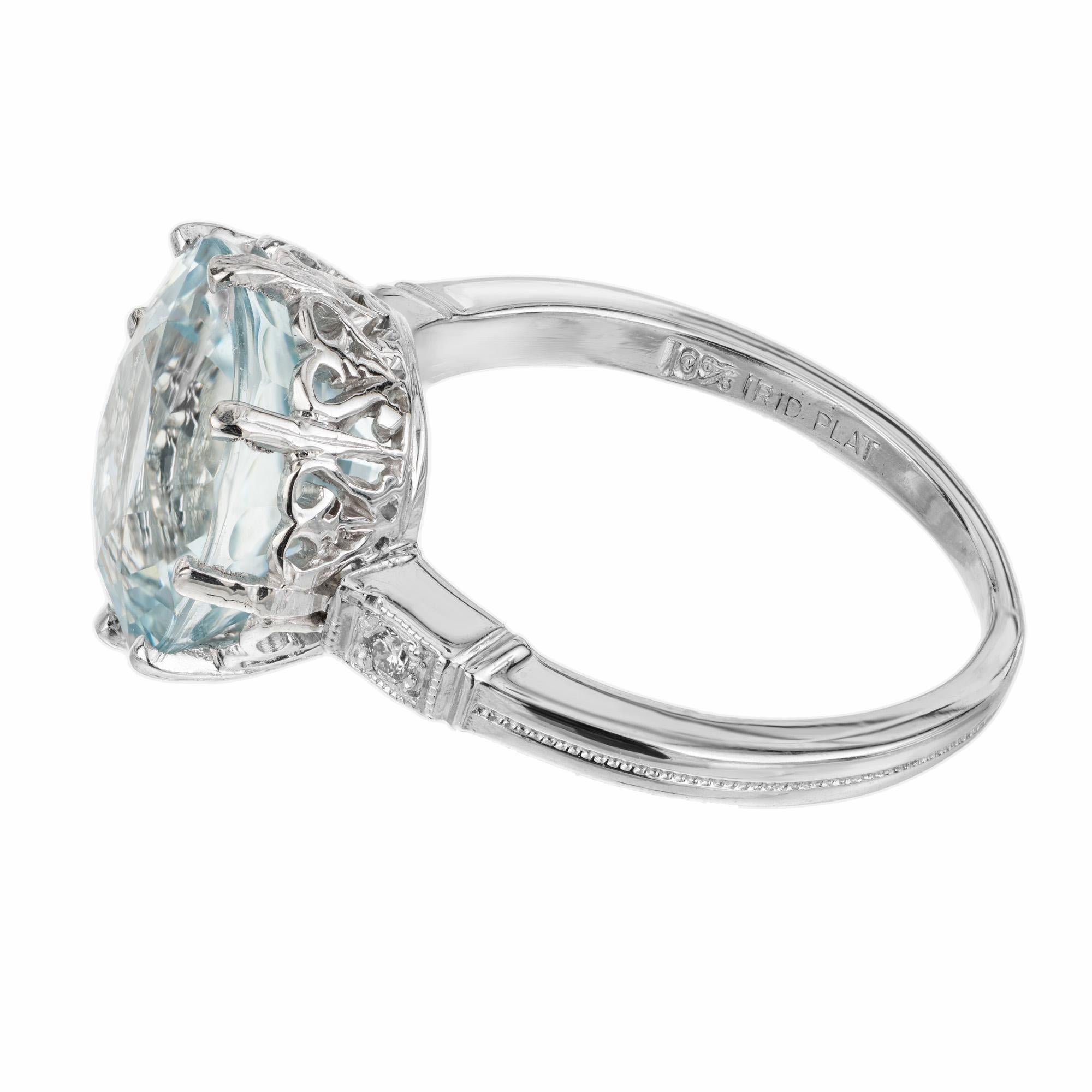 4.66 Carat Round Aquamarine Diamond Art Deco Platinum Engagement Ring  In Good Condition For Sale In Stamford, CT