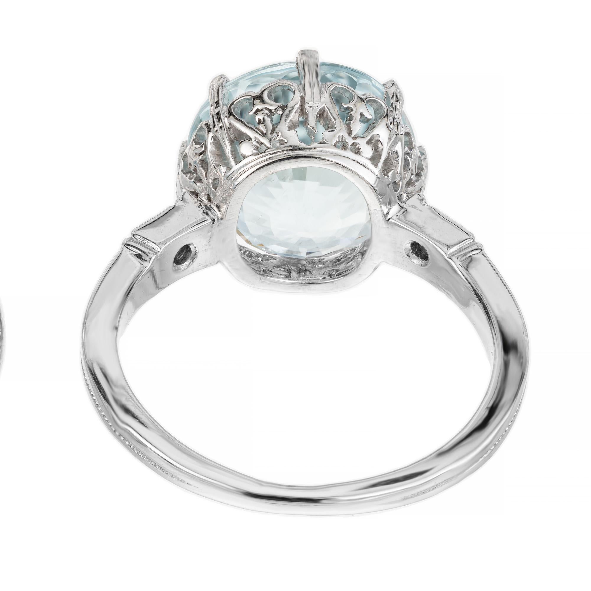 Women's 4.66 Carat Round Aquamarine Diamond Art Deco Platinum Engagement Ring  For Sale