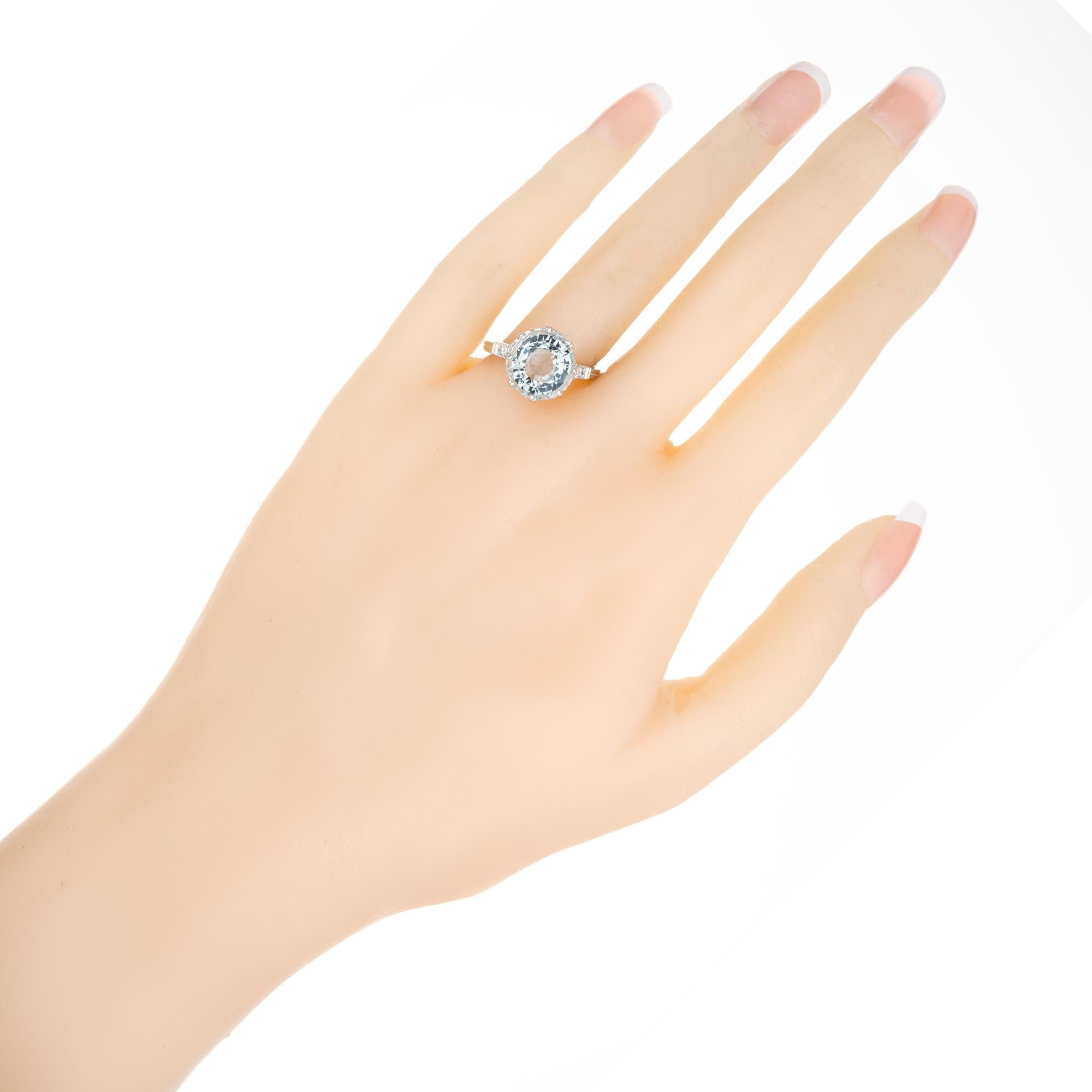 Anillo de Compromiso Art Decó de Platino con Diamante Aguamarina Redondo de 4,66 Quilates en venta 2