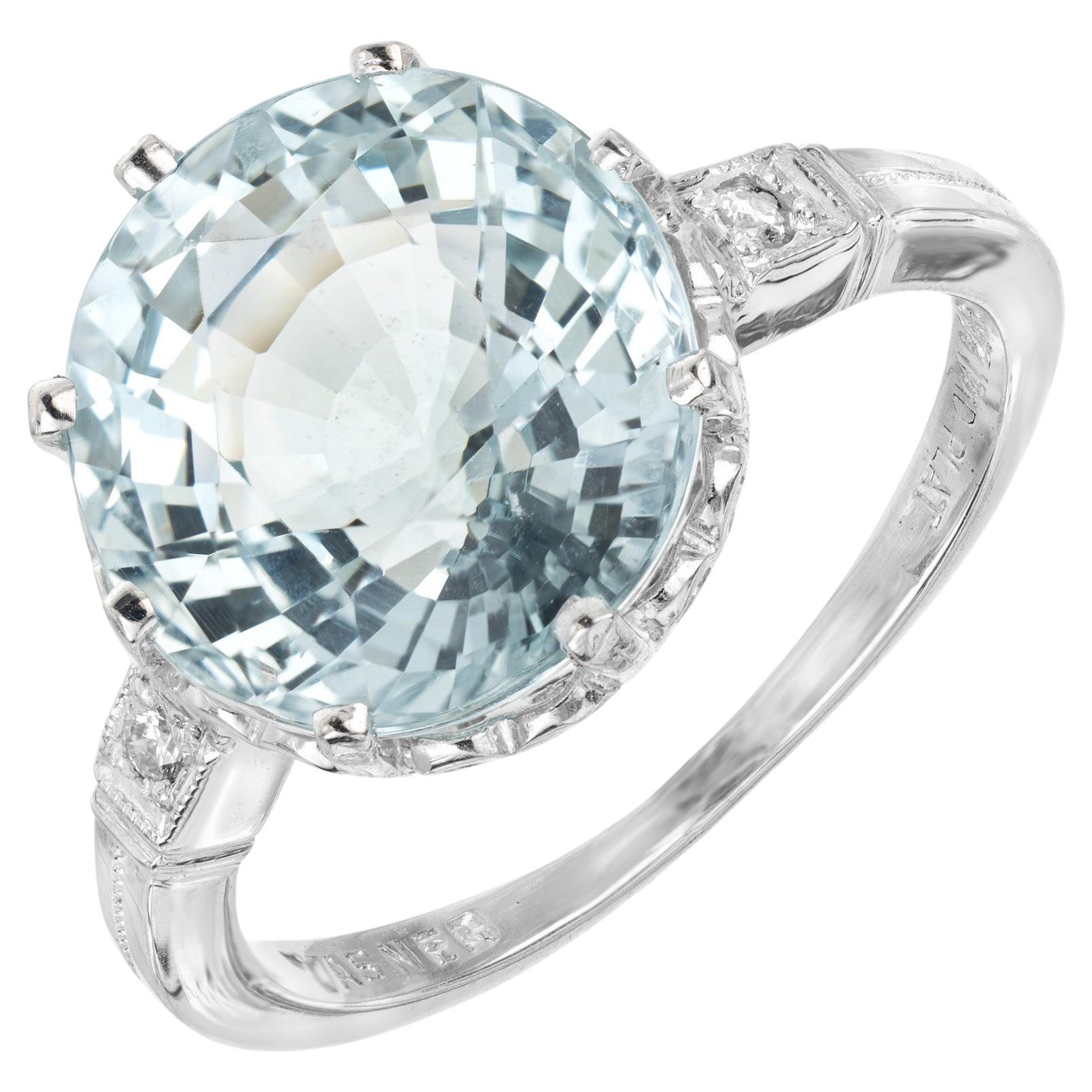 4.66 Carat Round Aquamarine Diamond Art Deco Platinum Engagement Ring  For Sale