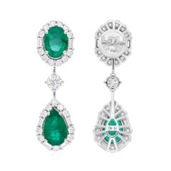 4.66 Carat Zambian Emerald Dangle Earrings 1.73 Ct SI/H Diamond 18k White Gold