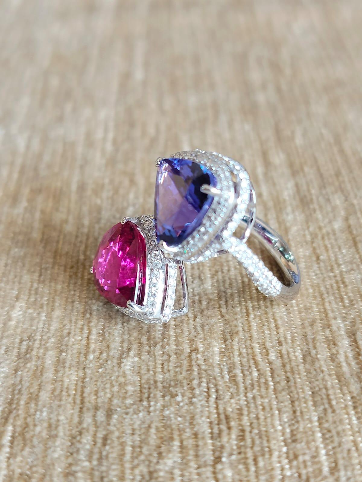 Modern 4.66 carats Tanzanite, 5.03 carats Rubellite & Diamonds Cocktail Ring For Sale