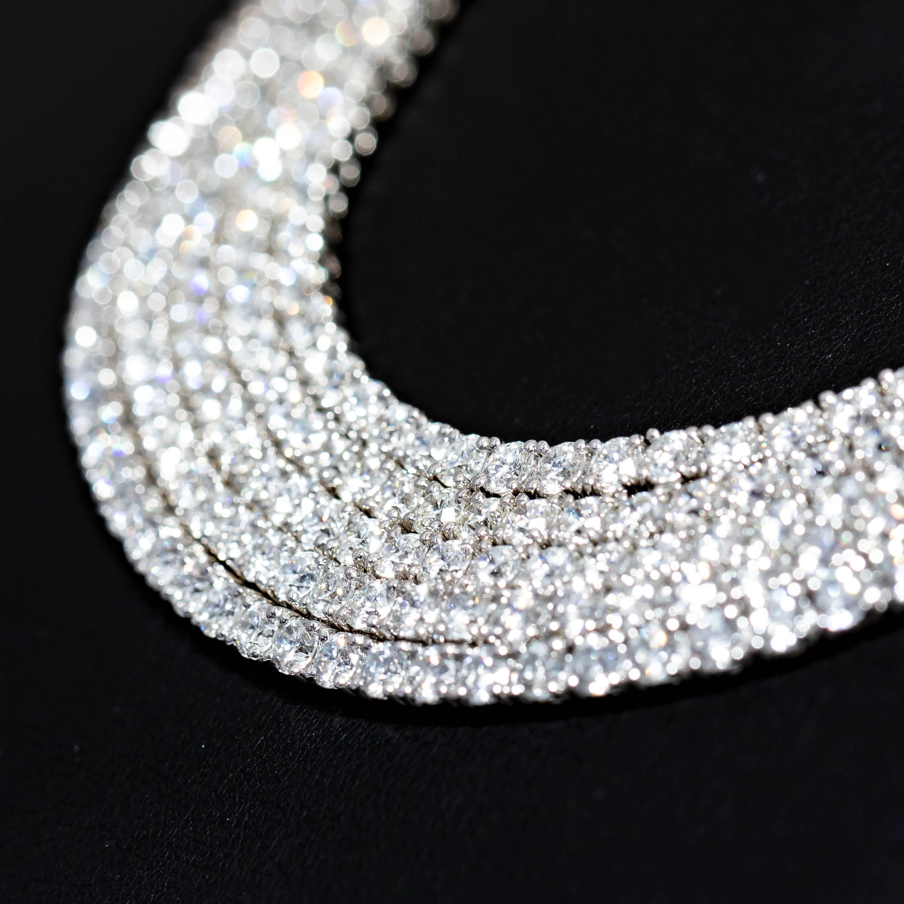 Round Cut 46.62 Carat Round Brilliant 18 Karat White Gold Diamond layered Line Necklace  For Sale