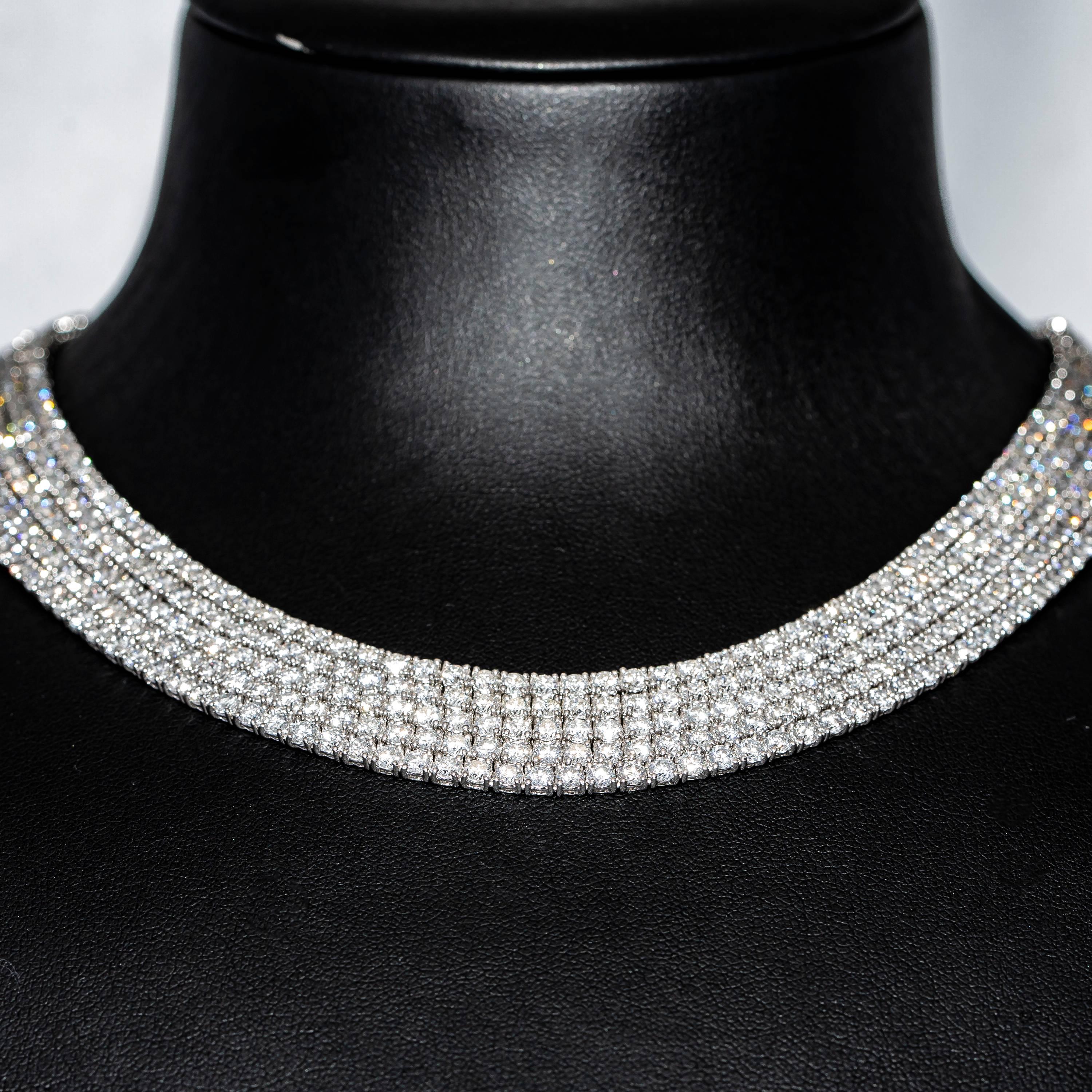 Women's 46.62 Carat Round Brilliant 18 Karat White Gold Diamond layered Line Necklace  For Sale