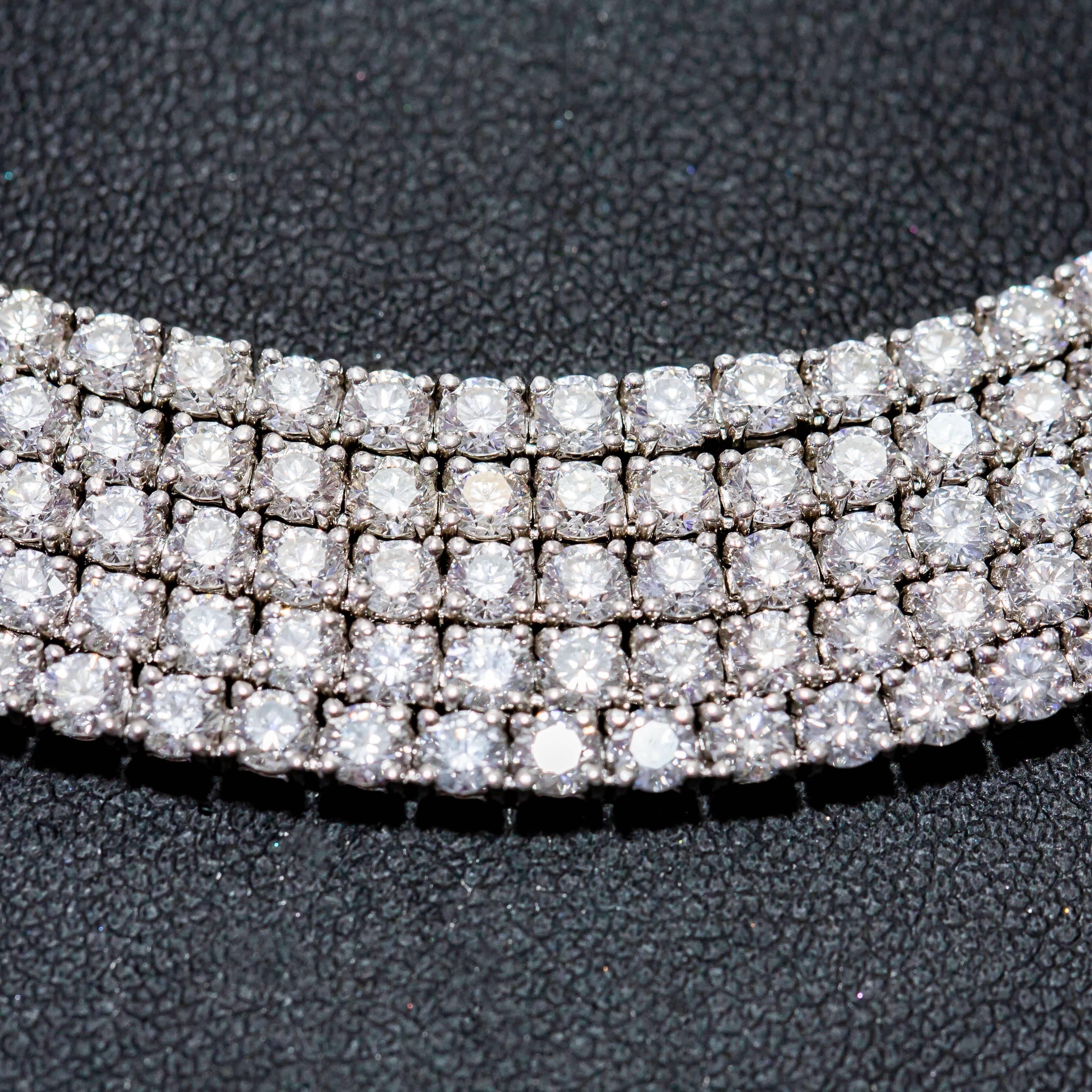 46.62 Carat Round Brilliant 18 Karat White Gold Diamond layered Line Necklace  For Sale 1