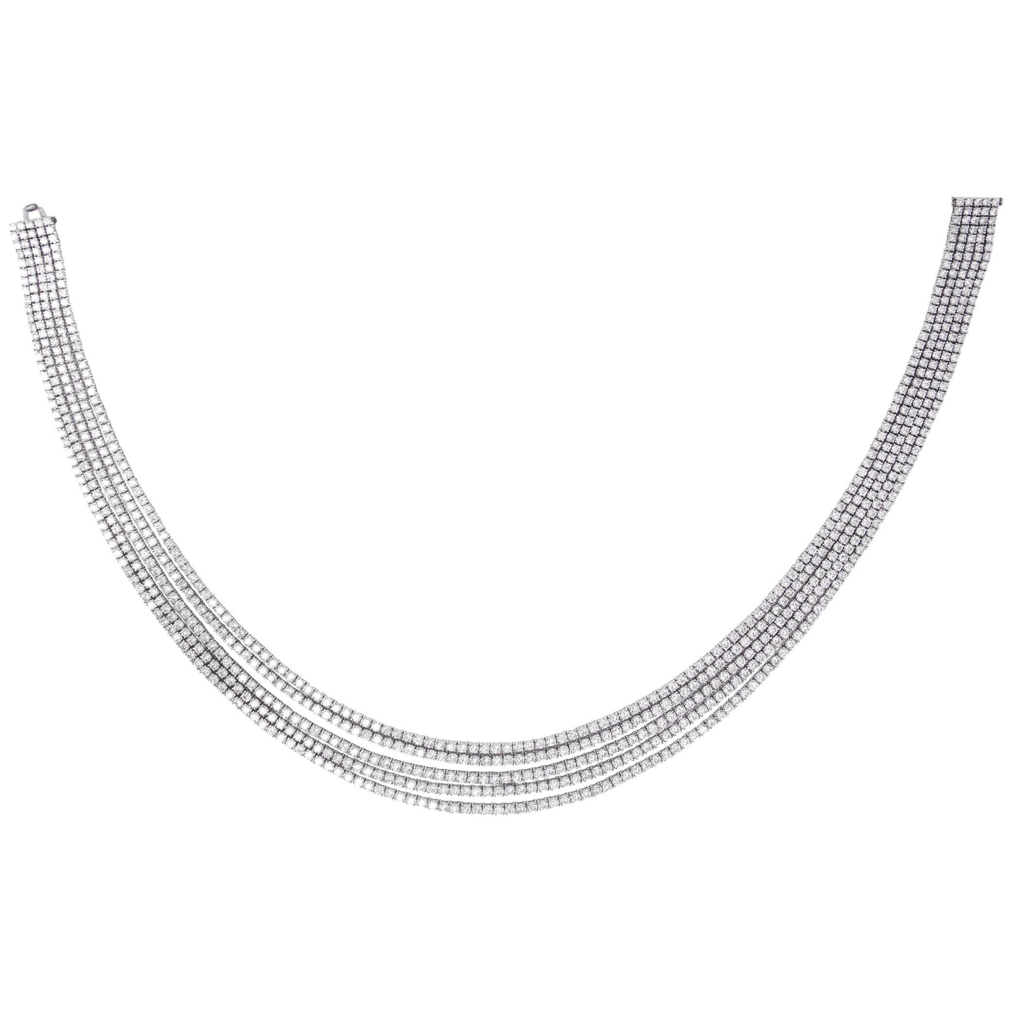 46.62 Carat Round Brilliant 18 Karat White Gold Diamond layered Line Necklace  For Sale
