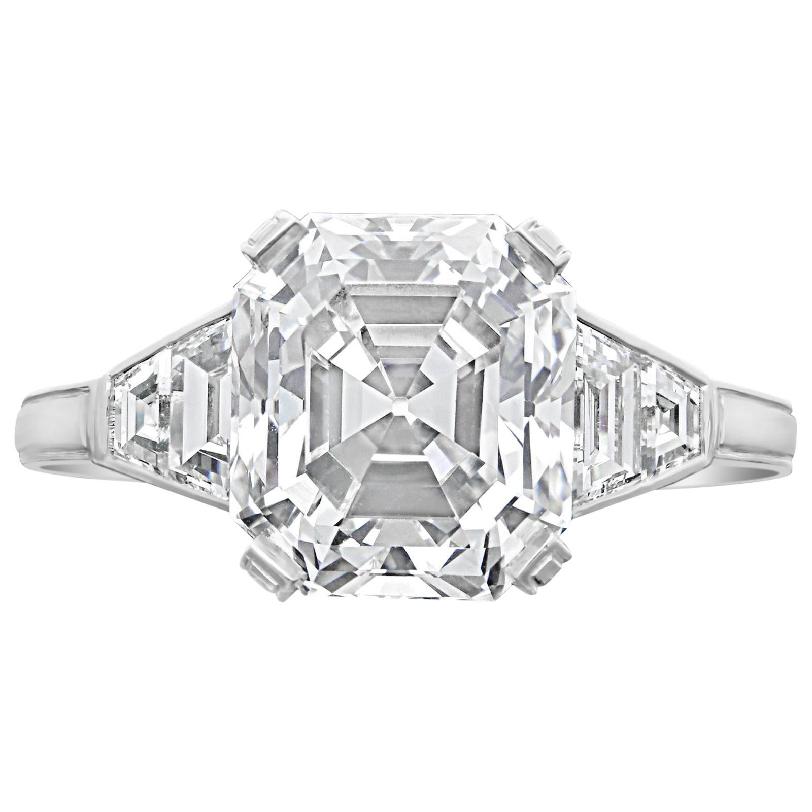 4.66ct H VS2 Old Asscher Cut Diamond Ring with Trapezoid Diamonds by Hancocks
