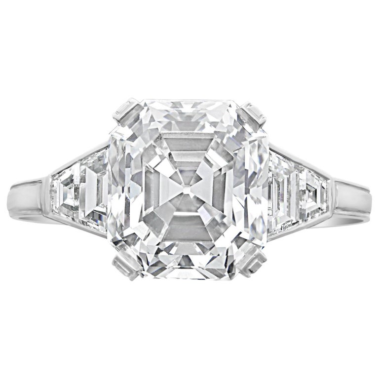 4.66ct H VS2 Old Asscher Cut Diamond Ring with Trapezoid Diamonds by
