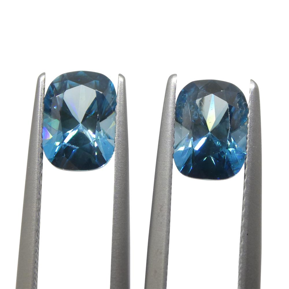 Brilliant Cut 4.66ct Pair Cushion Diamond Cut Blue Zircon from Cambodia For Sale