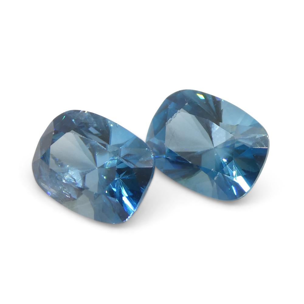 Women's or Men's 4.66ct Pair Cushion Diamond Cut Blue Zircon from Cambodia For Sale