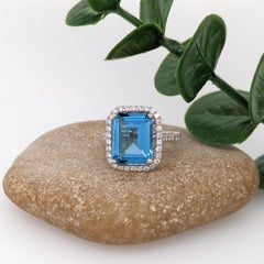 4.66ct Swiss Topaz Ring w Diamond Halo in 14K White Gold Emerald Cut 11x9mm