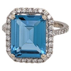 4.66ct Swiss Topaz Ring w Diamond Halo in 14K White Gold Emerald Cut 11x9mm