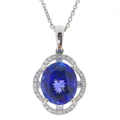 4.67 Carat Blue Oval Tanzanite & Diamond Pendant In 14k White Gold