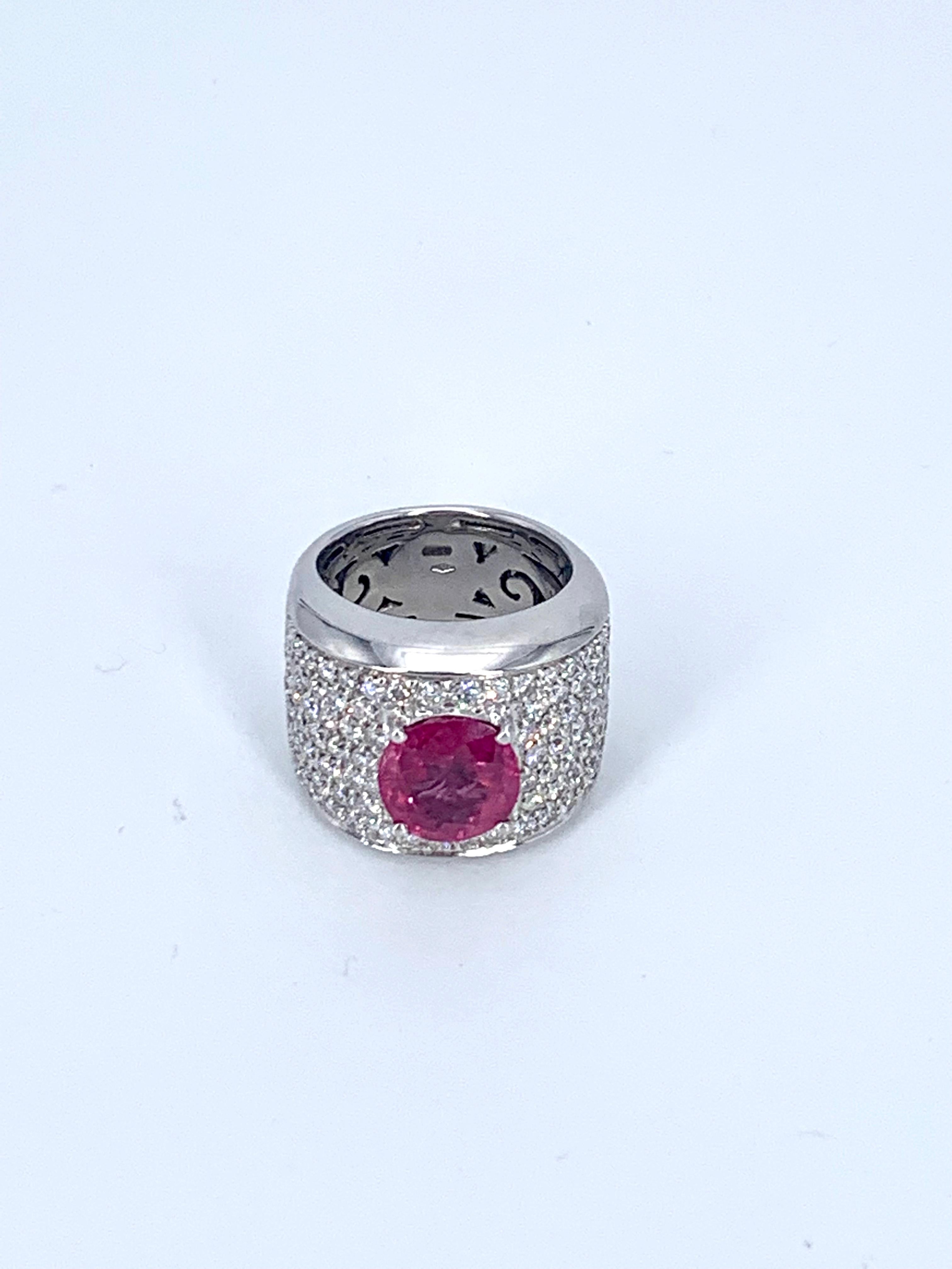 Round Cut Contemporary Burma Ruby 4.67 Carat and 3.25 Carat Diamond Band Ring