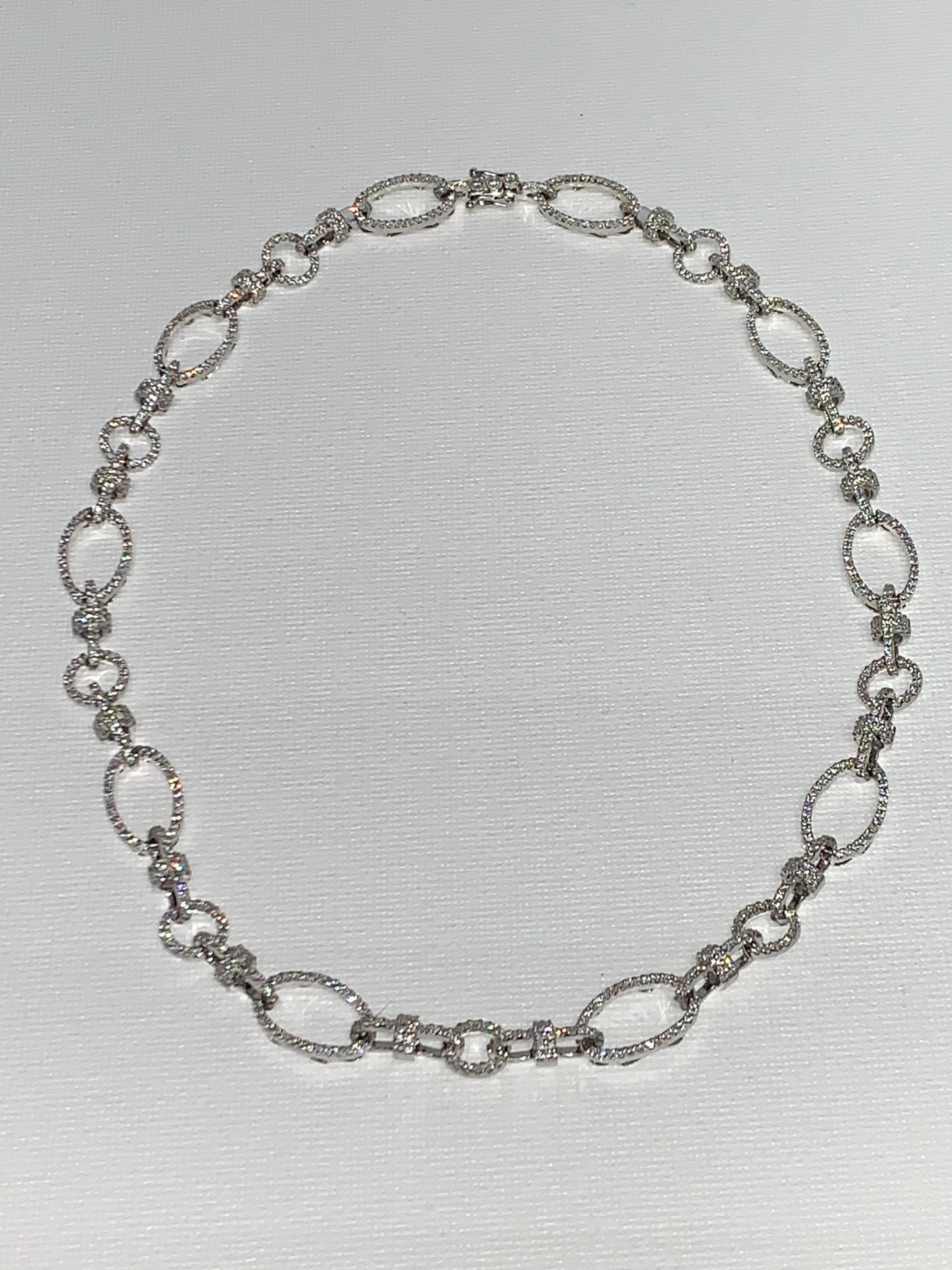 Pavé Diamond, White Gold Necklace, Art Deco 

Featuring a White Pavé Diamond Necklace with a total weight of 4.67 carats, set in 18K White Gold 

This one-of-a-kind necklace was created by hand and in CAD, Computer Aided Design. The diamonds were