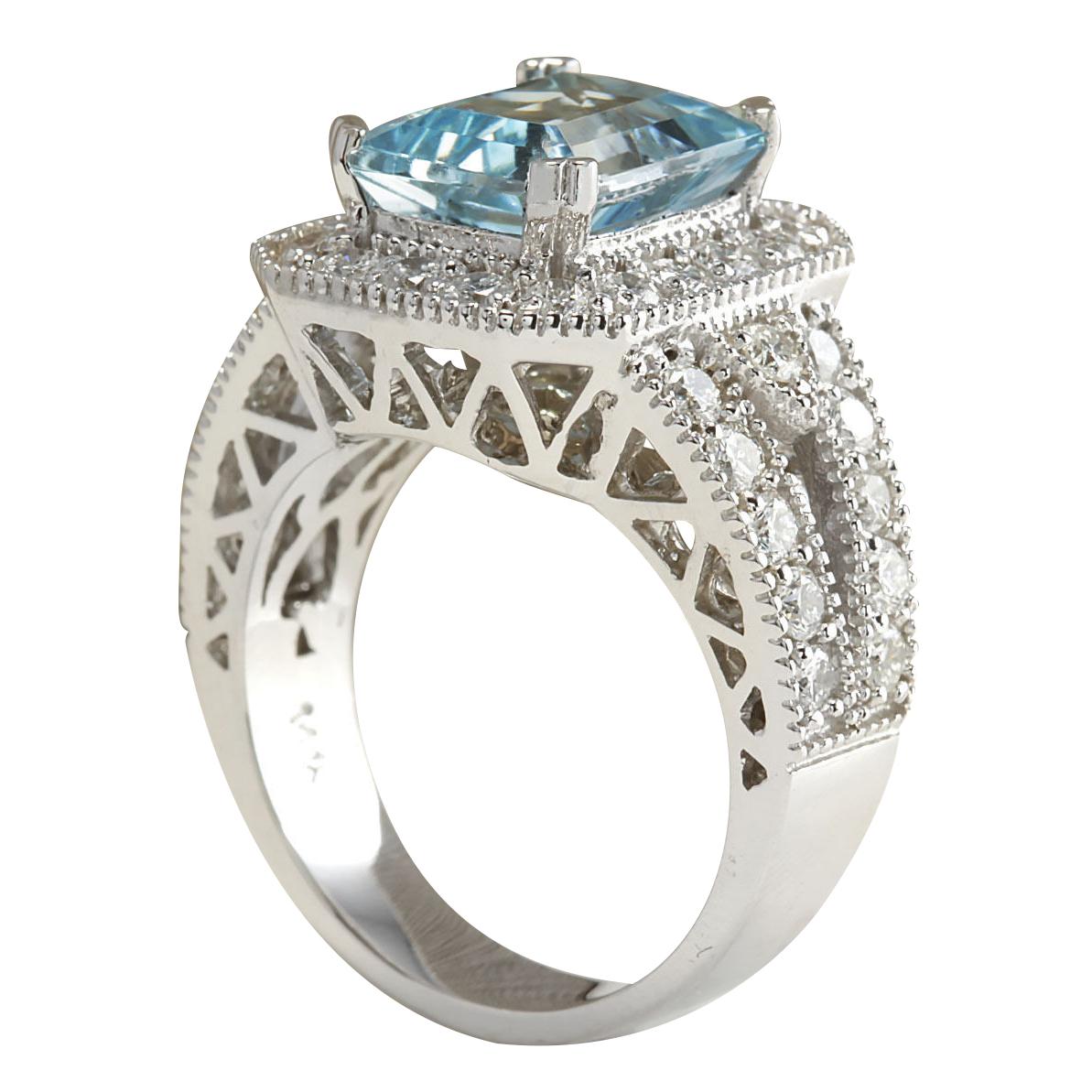 Emerald Cut Natural Aquamarine Diamond Ring in 14 Karat White Gold  For Sale