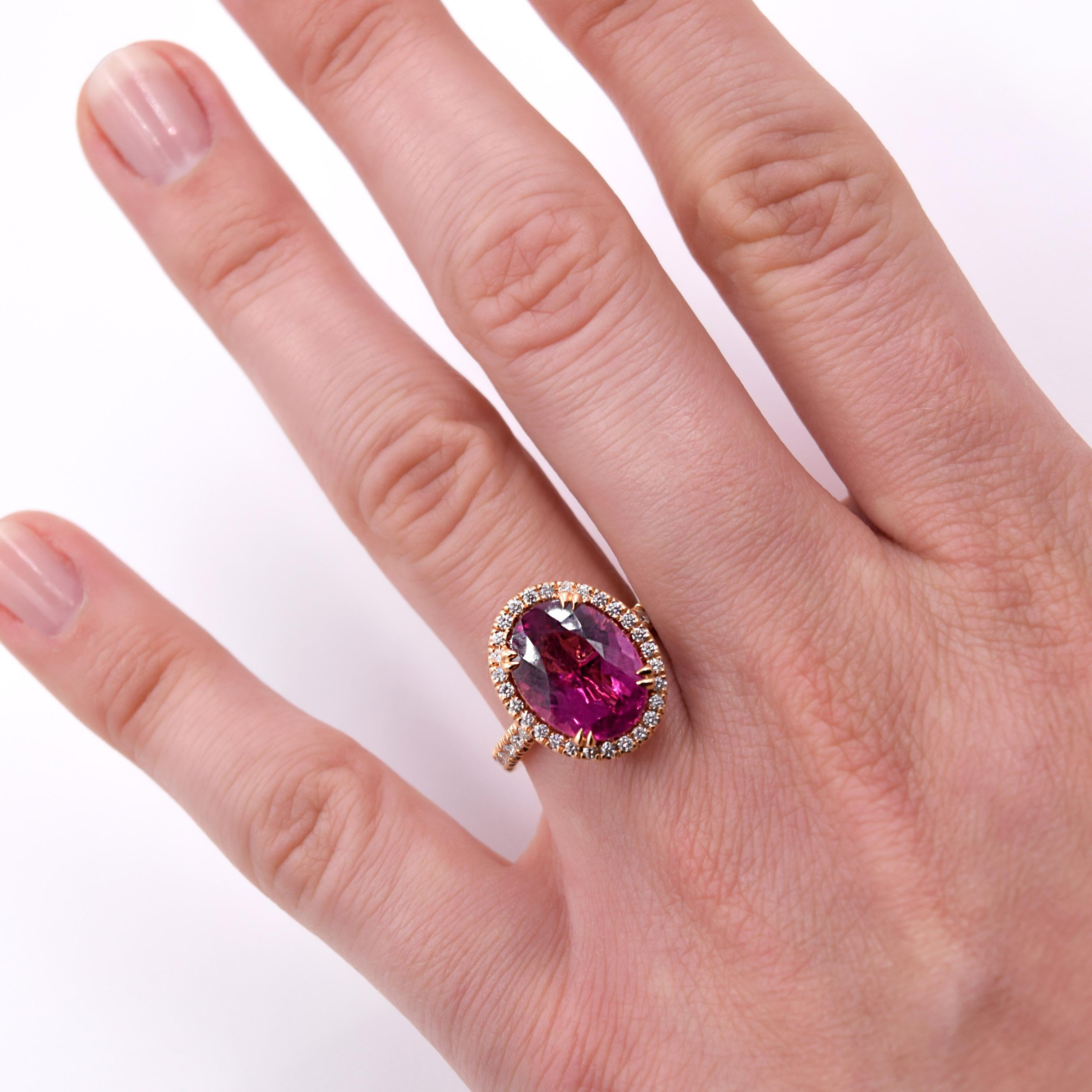 Oval Cut 4.67 Carat Oval Pink Tourmaline and White Diamond Color Ring in 18 Karat Gold For Sale