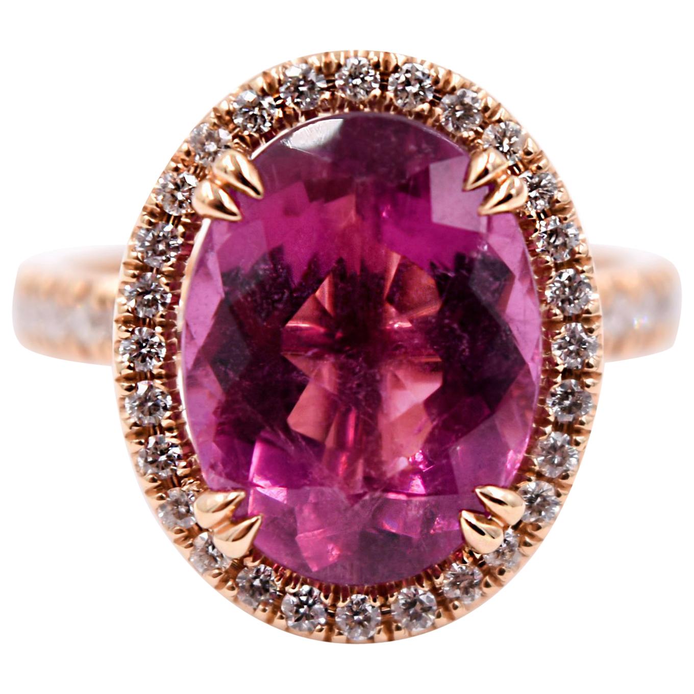 4.67 Carat Oval Pink Tourmaline and White Diamond Color Ring in 18 Karat Gold For Sale