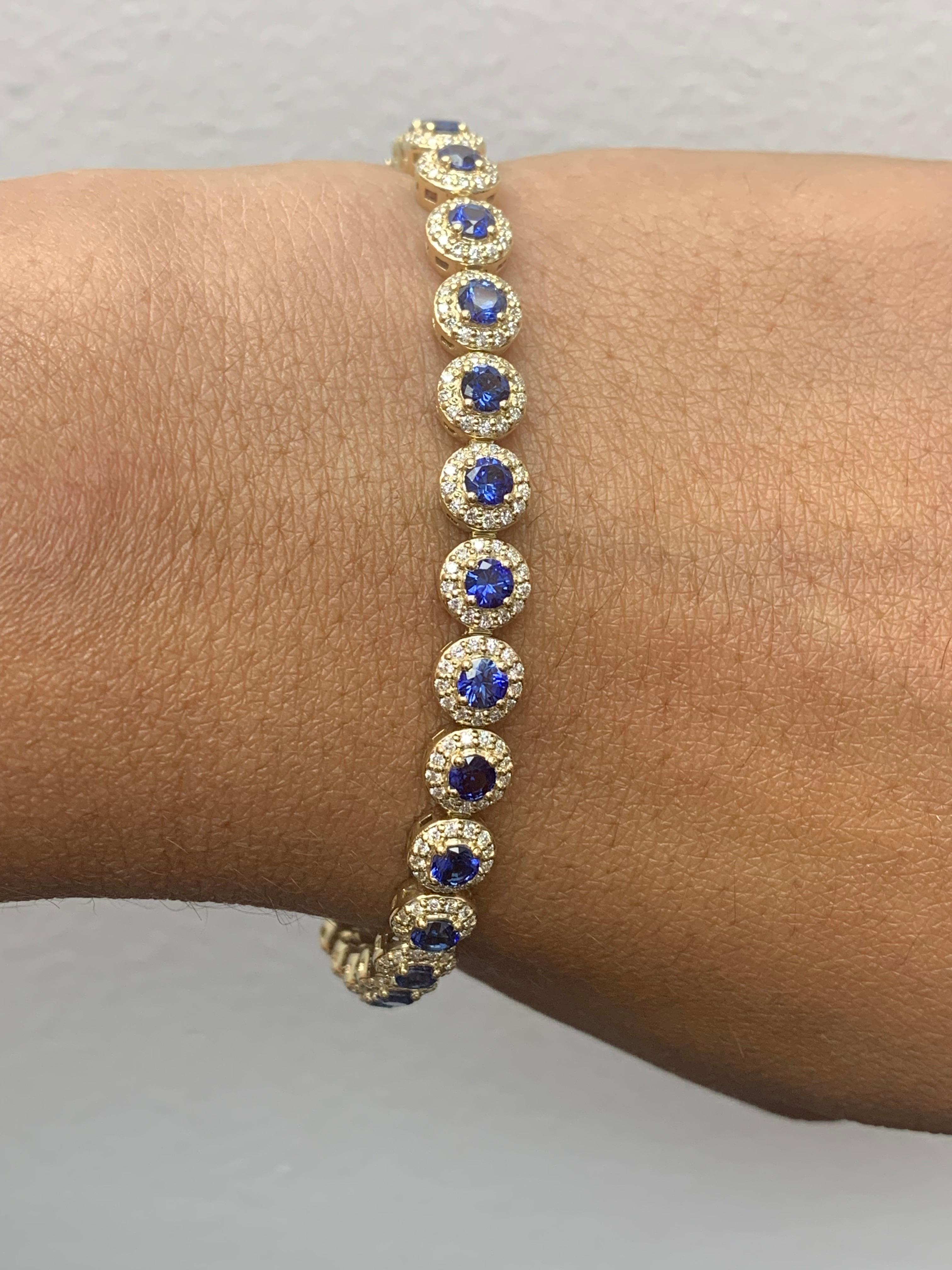 Modern 4.67 Carat Round Cut Sapphire and Diamond Tennis Bracelet in 14K Yellow Gold For Sale