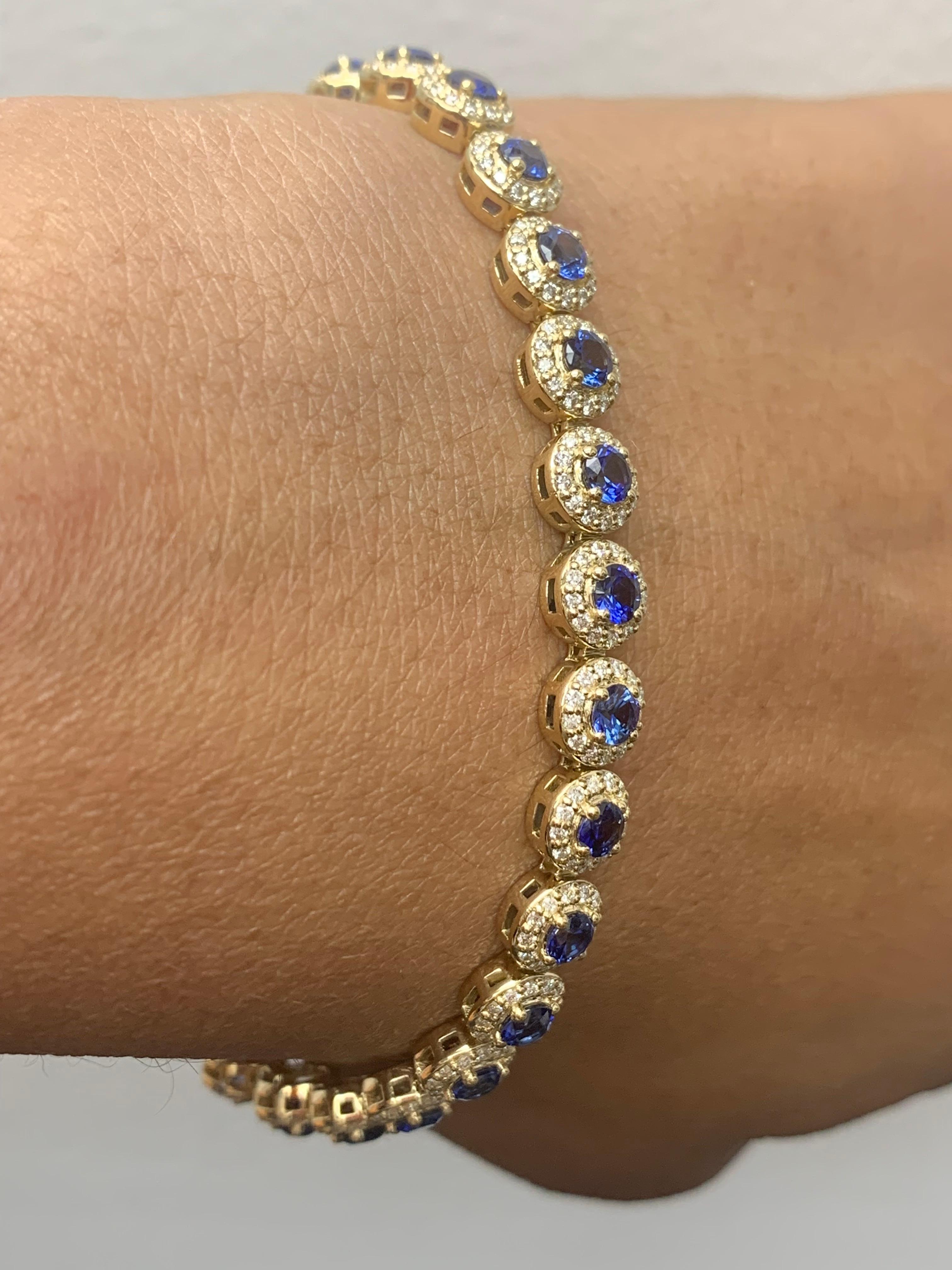 Women's 4.67 Carat Round Cut Sapphire and Diamond Tennis Bracelet in 14K Yellow Gold For Sale