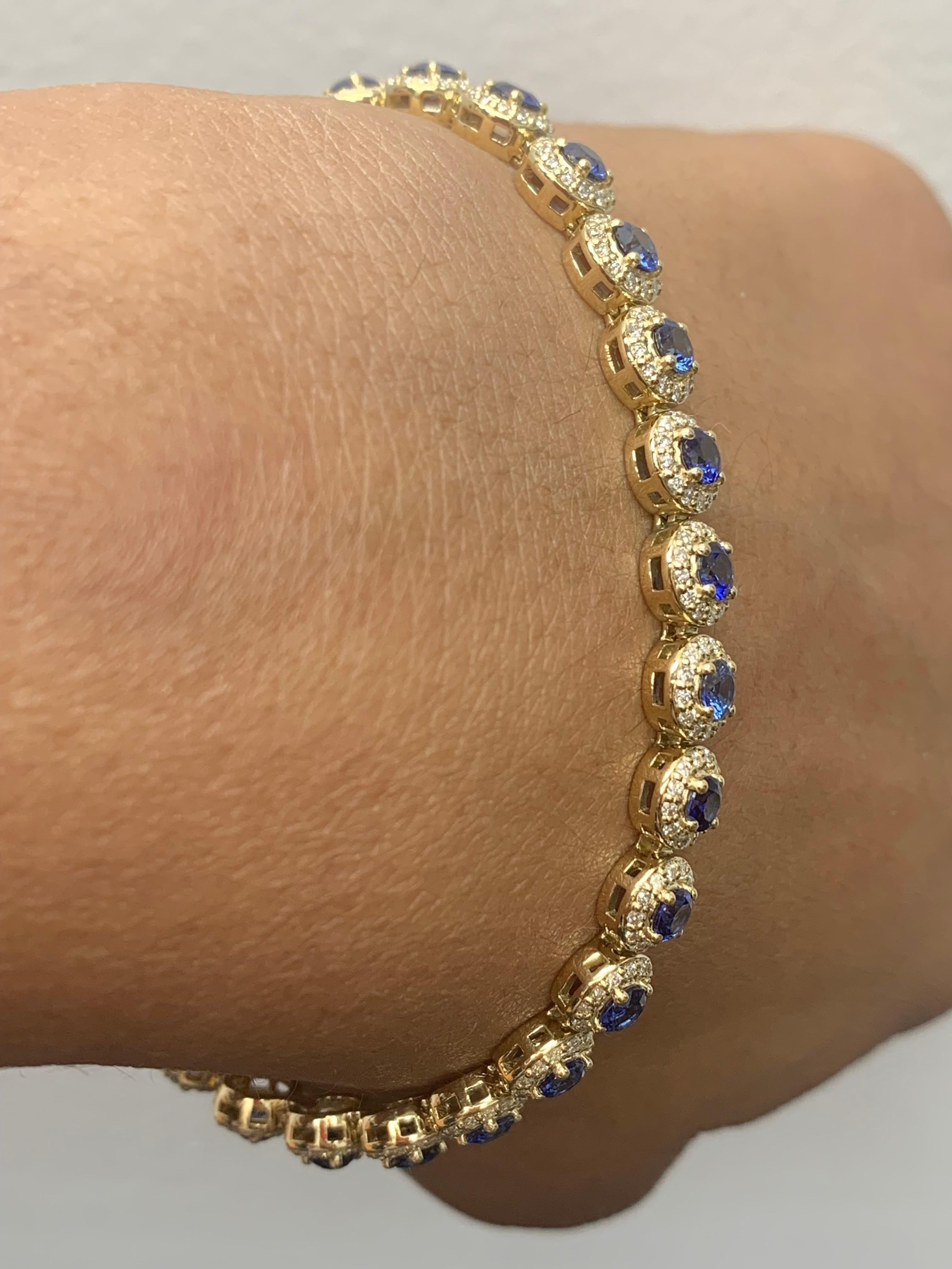 4.67 Carat Round Cut Sapphire and Diamond Tennis Bracelet in 14K Yellow Gold For Sale 1