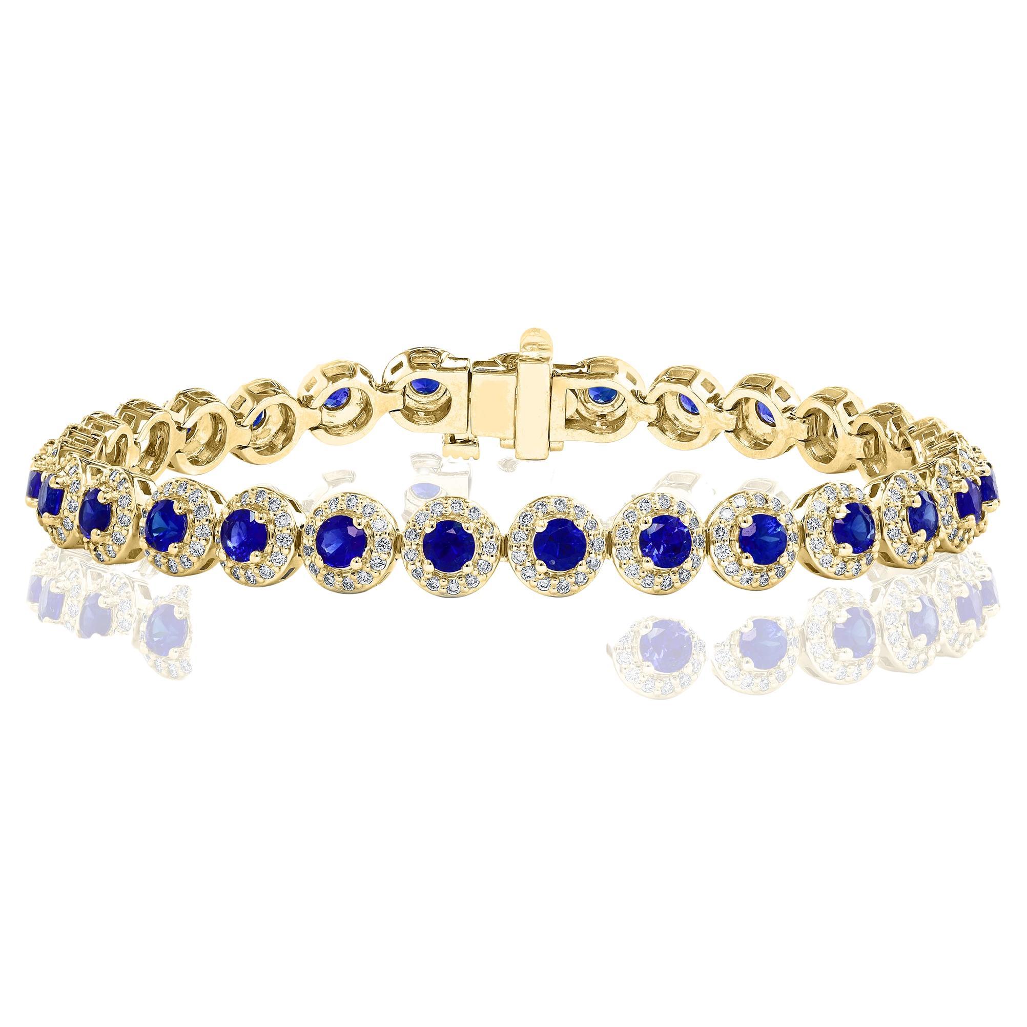 4.67 Carat Round Cut Sapphire and Diamond Tennis Bracelet in 14K Yellow Gold For Sale