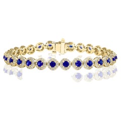 Bracelet tennis en or jaune 14 carats avec saphirs de taille ronde et diamants de 4,67 carats