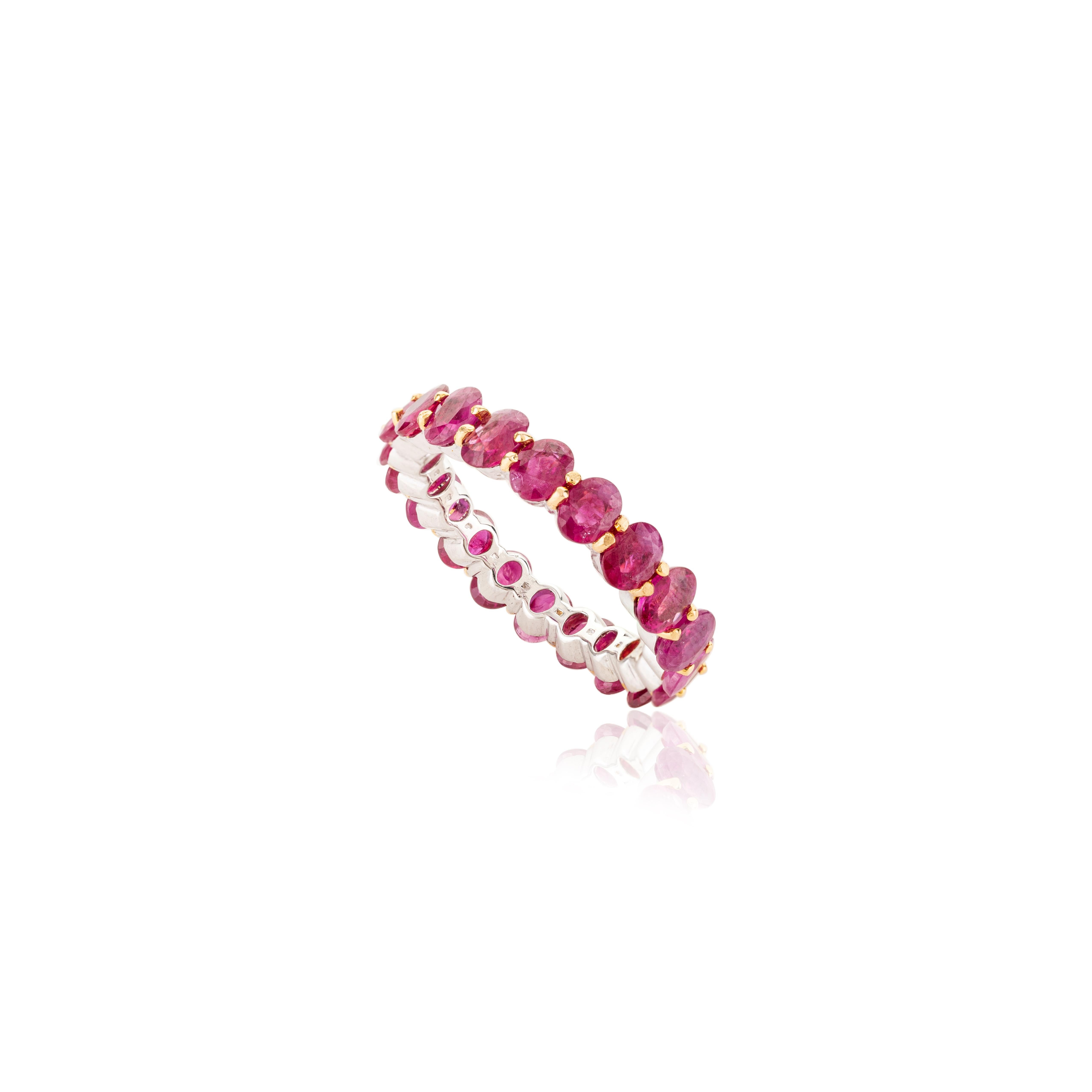 For Sale:  4.67 Carat Ruby Birthstone Eternity Band Ring in 14k Solid White Gold for Her 5