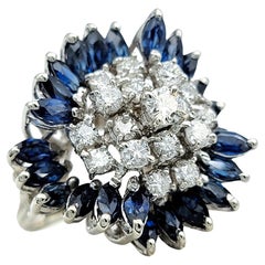 4.67 Carat Total Blue Sapphire and Diamond Stacked Swirl 14K Gold Cocktail Ring