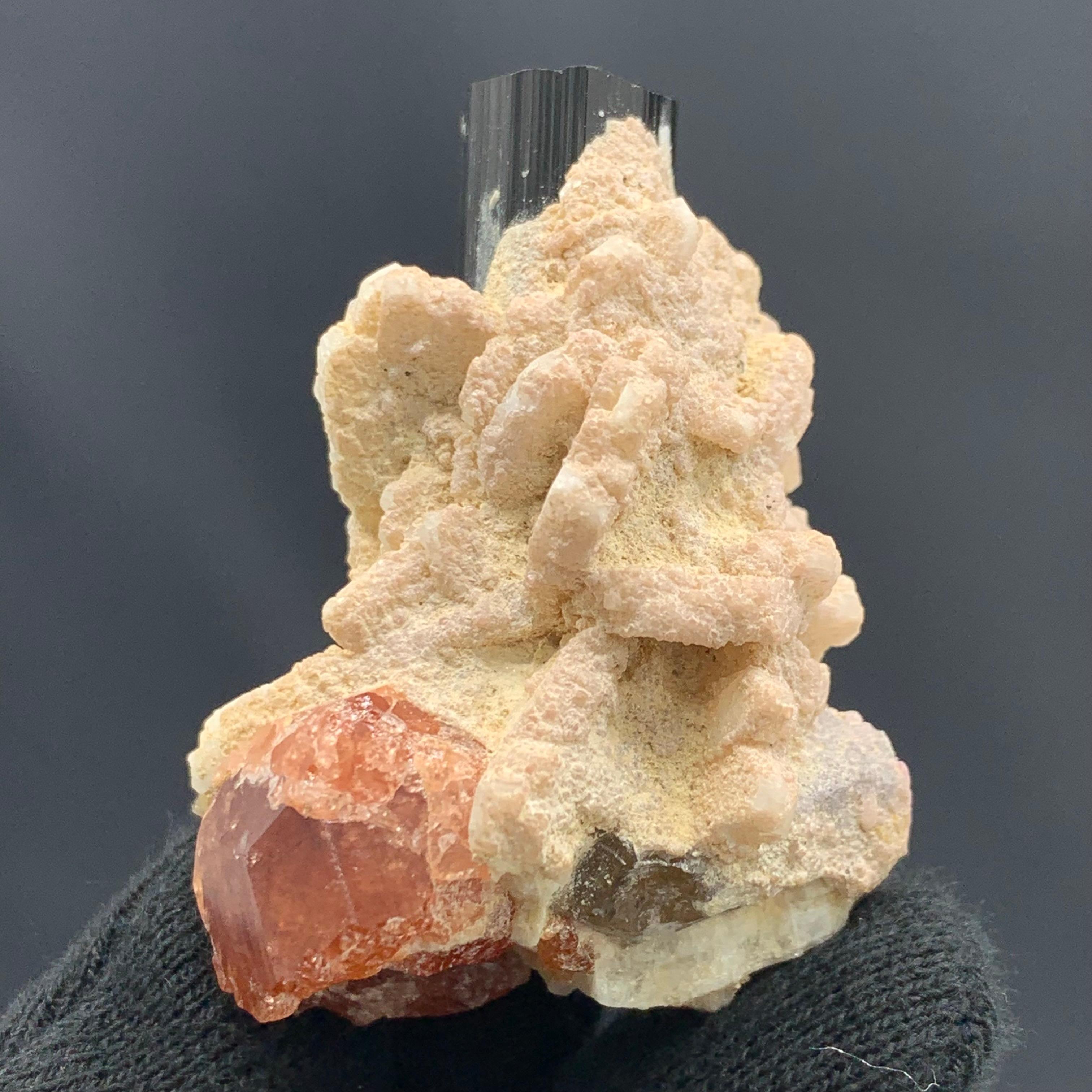 46,75 Gramos Elegante Turmalina Negra Alargada sobre Especímen de Granate Espesartina Cristal de roca en venta