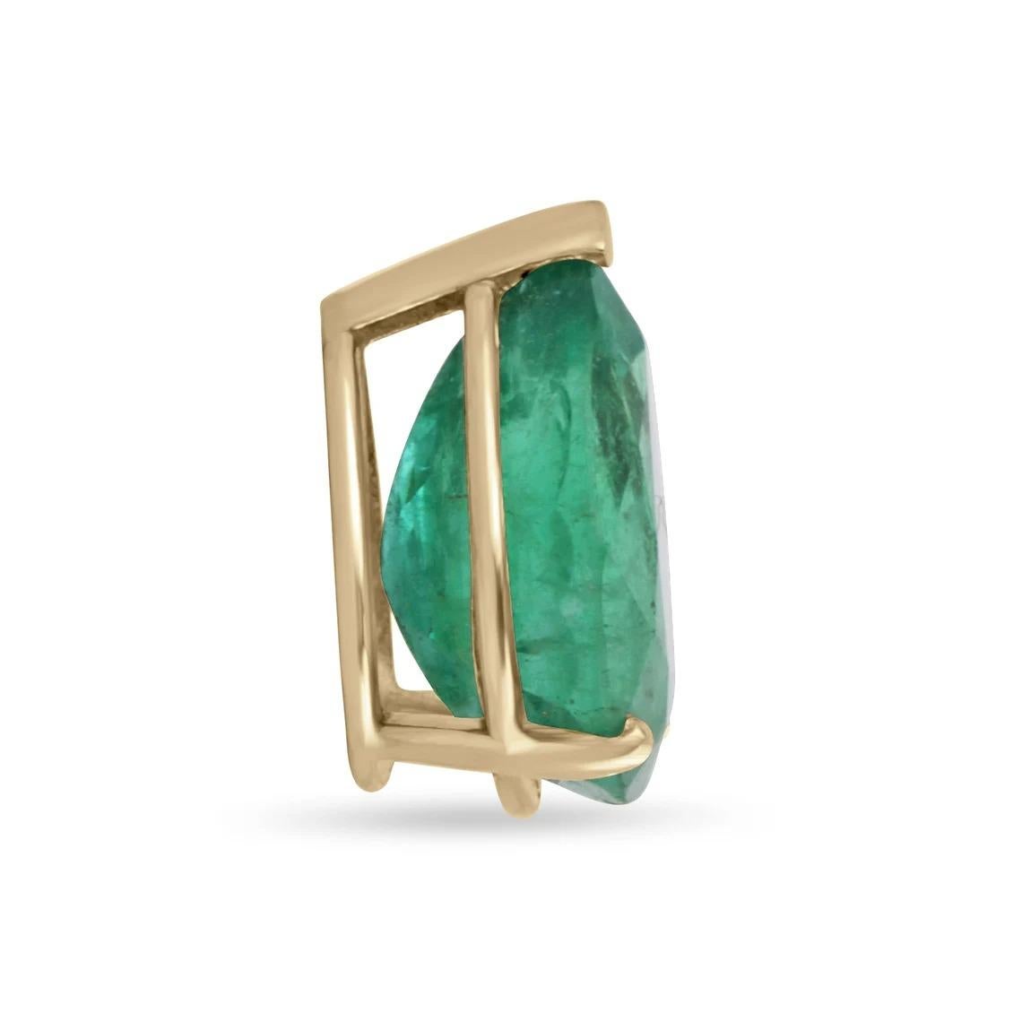 *Chain Sold Separately.

Setting Style: Prong
Setting Material: 14K Yellow Gold
Setting Weight: 1.2 Grams

Main Stone: Emerald
Shape: Pear Cut
Weight: 4.67-Carats
Clarity: Semi-Transparent
Color: Green
Luster: Very Good-Good
Treatments: Natural,