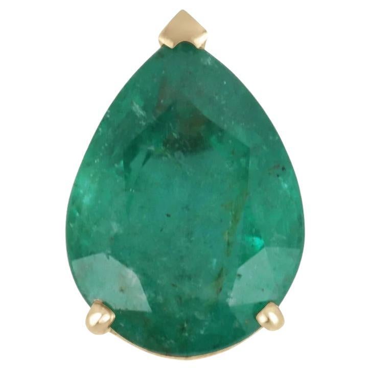 4.67cts 14K Natural Emerald-Pear Cut Solitaire 3Prong Set Gold Pendant
