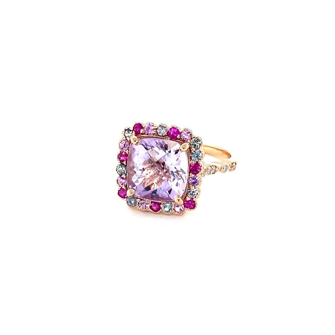 Contemporary 4.68 Carat Cushion Cut Amethyst Sapphire Diamond Rose Gold Cocktail Ring For Sale