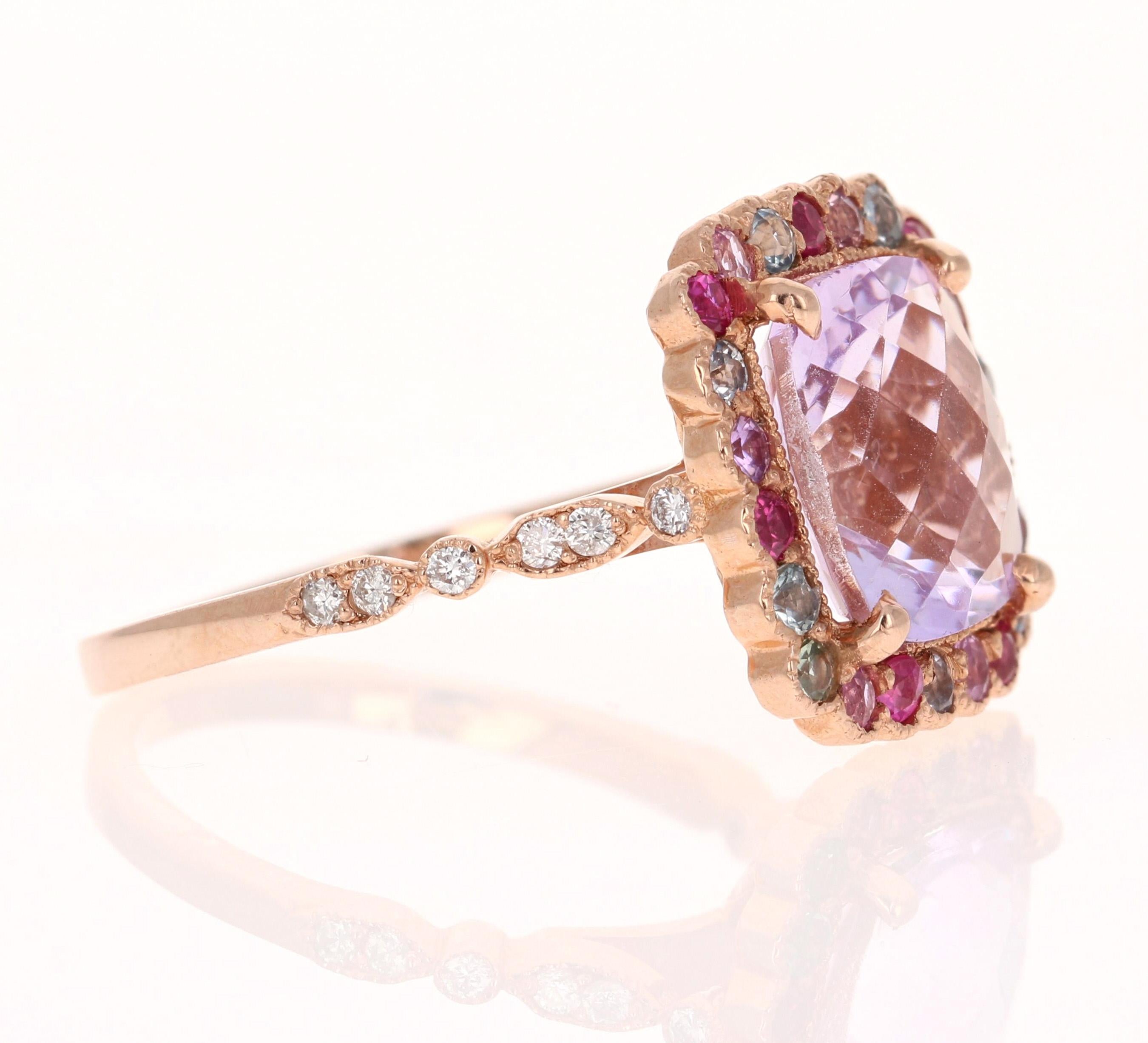 Contemporain 4.68 Carat Cushion Cut Amethyst Sapphire Diamond Rose Gold Cocktail Ring en vente
