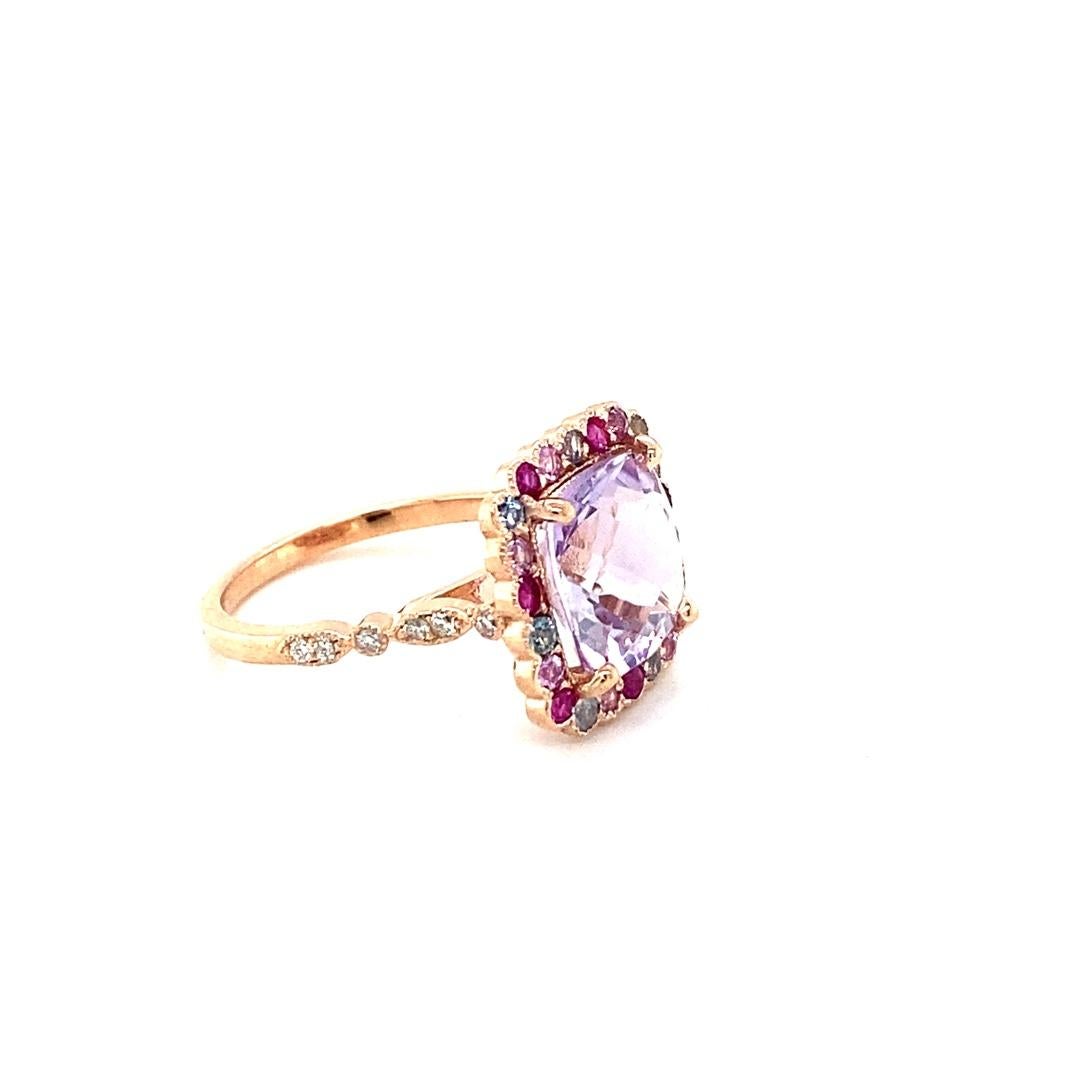 4.68 Carat Cushion Cut Amethyst Sapphire Diamond Rose Gold Cocktail Ring In New Condition For Sale In Los Angeles, CA