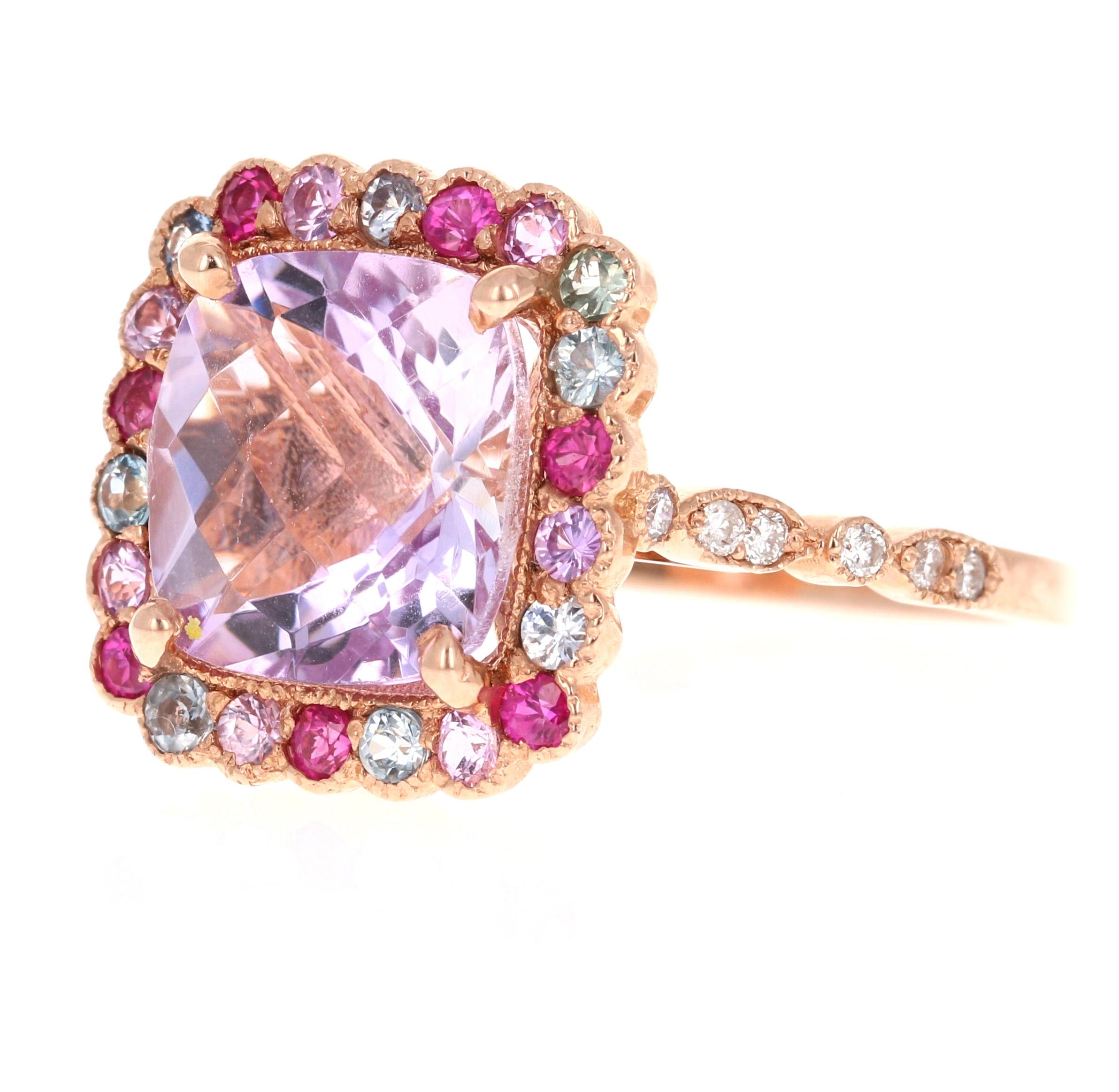 Taille coussin 4.68 Carat Cushion Cut Amethyst Sapphire Diamond Rose Gold Cocktail Ring en vente