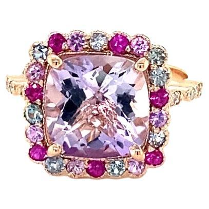 4.68 Carat Cushion Cut Amethyst Sapphire Diamond Rose Gold Cocktail Ring For Sale