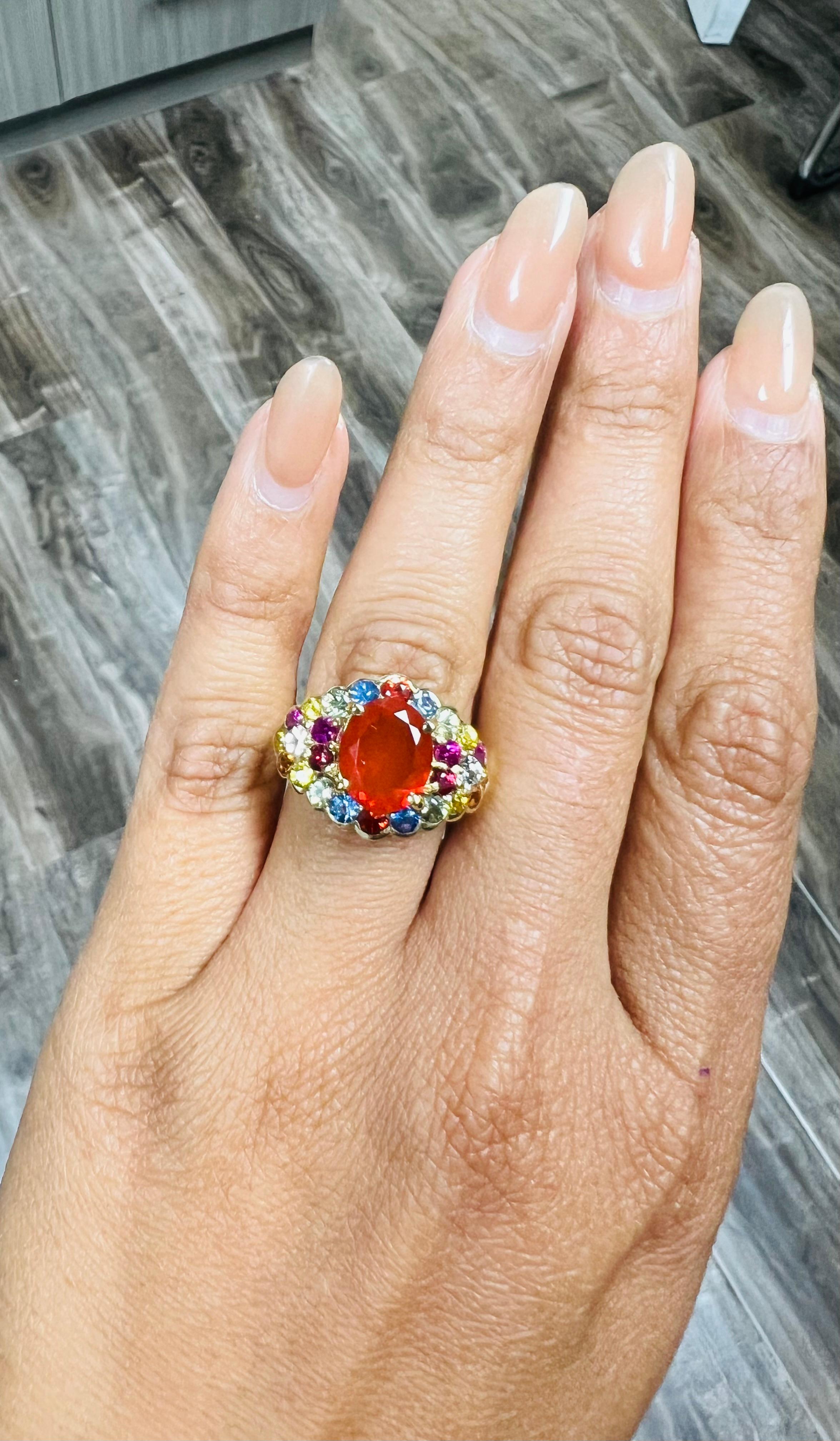 4.68 Carat Fire Opal Sapphire 14 Karat Yellow Gold Cocktail Ring For Sale 1