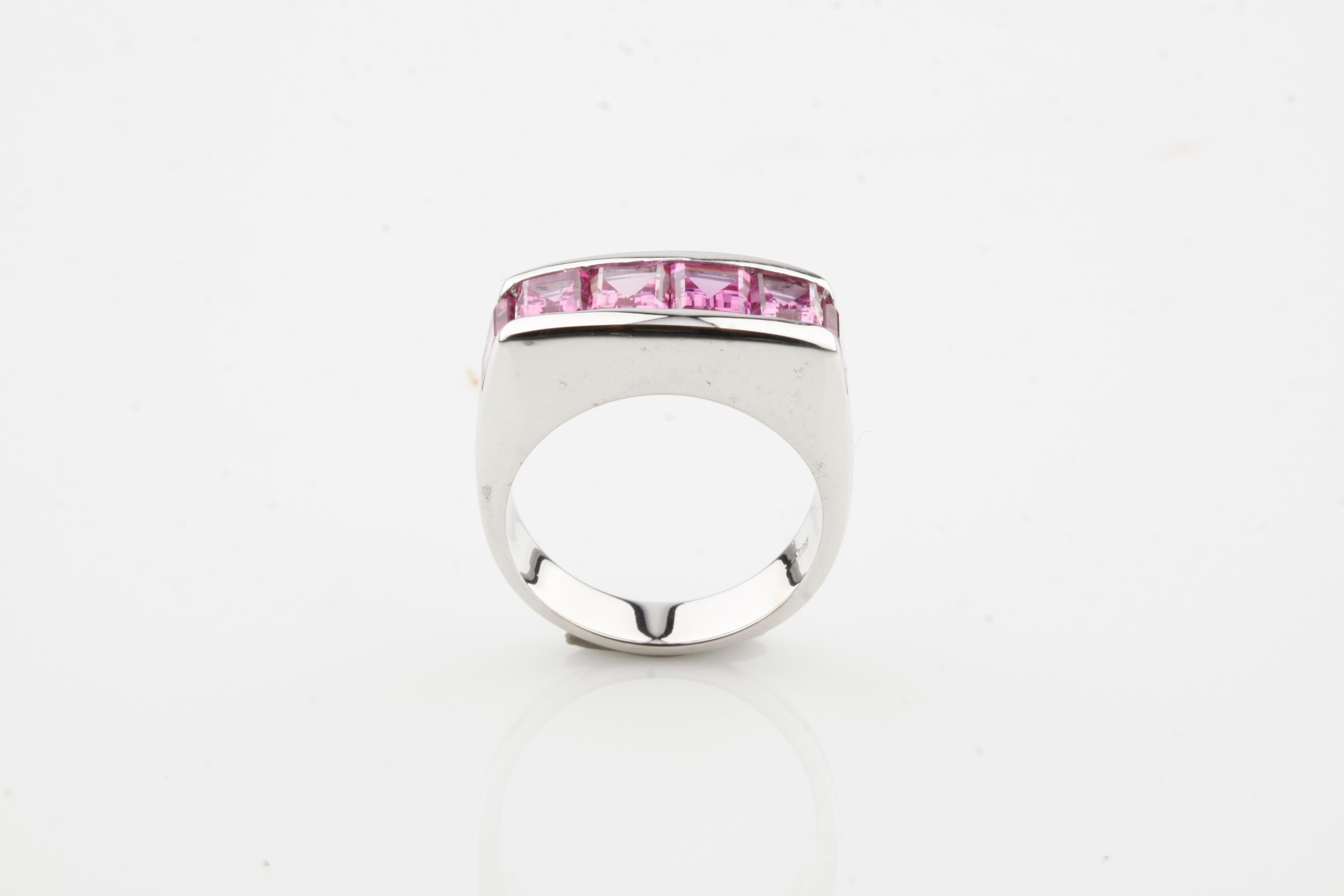Modern 4.68 Carat Laboratory Created Pink Sapphire Ring in White Gold For Sale
