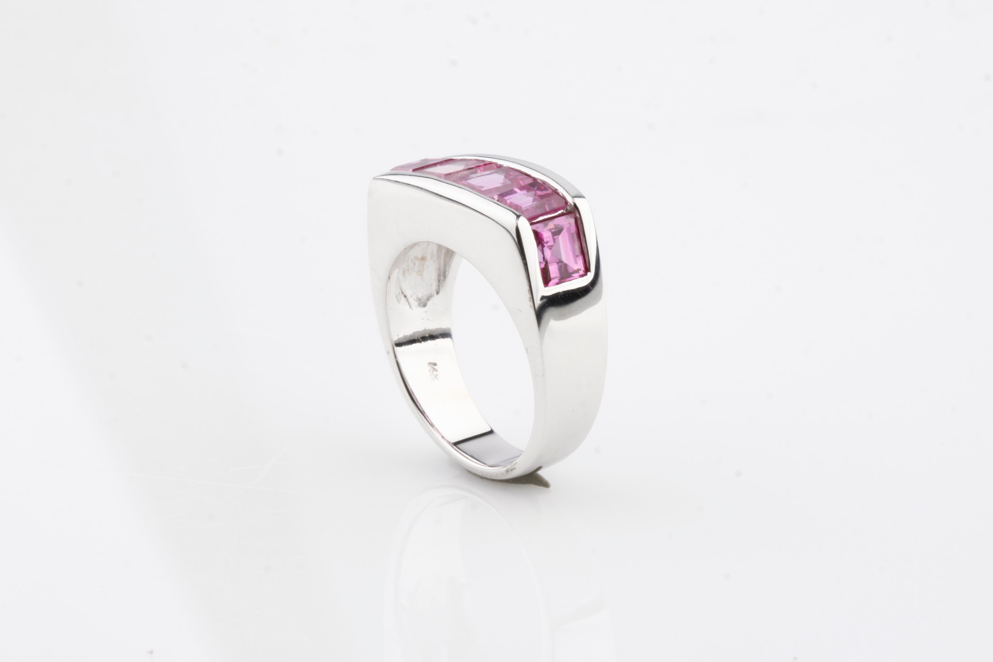 Princess Cut 4.68 Carat Laboratory Created Pink Sapphire Ring in White Gold For Sale
