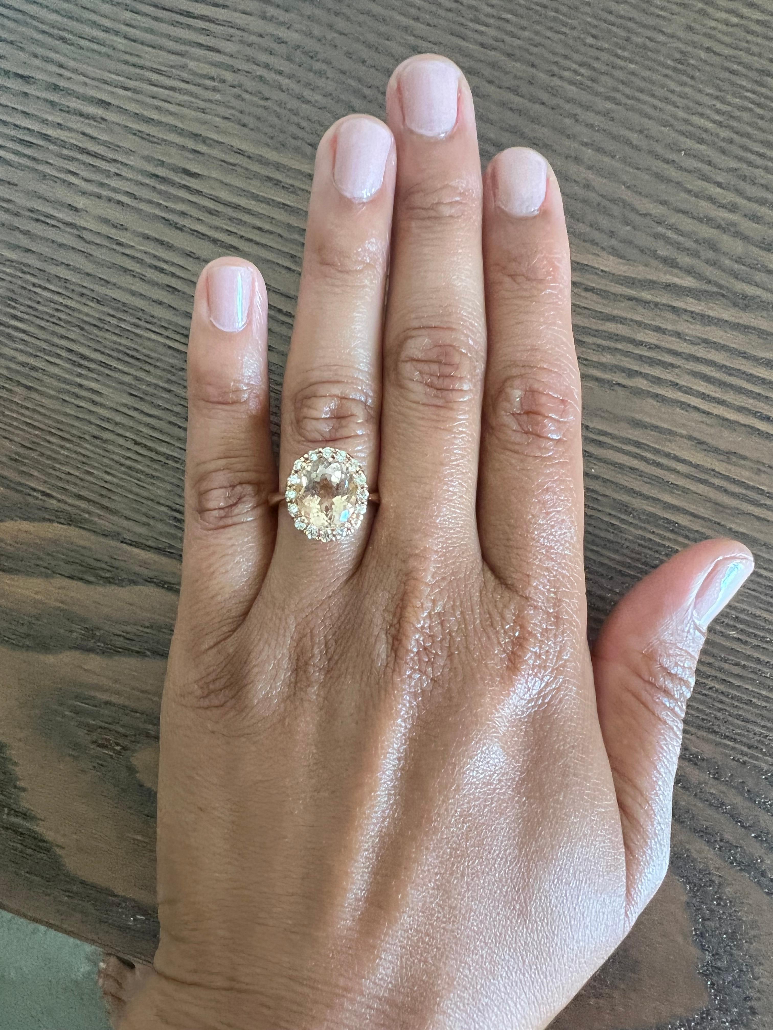 Oval Cut 4.68 Carat Morganite Diamond 14 Karat Rose Engagement Ring For Sale