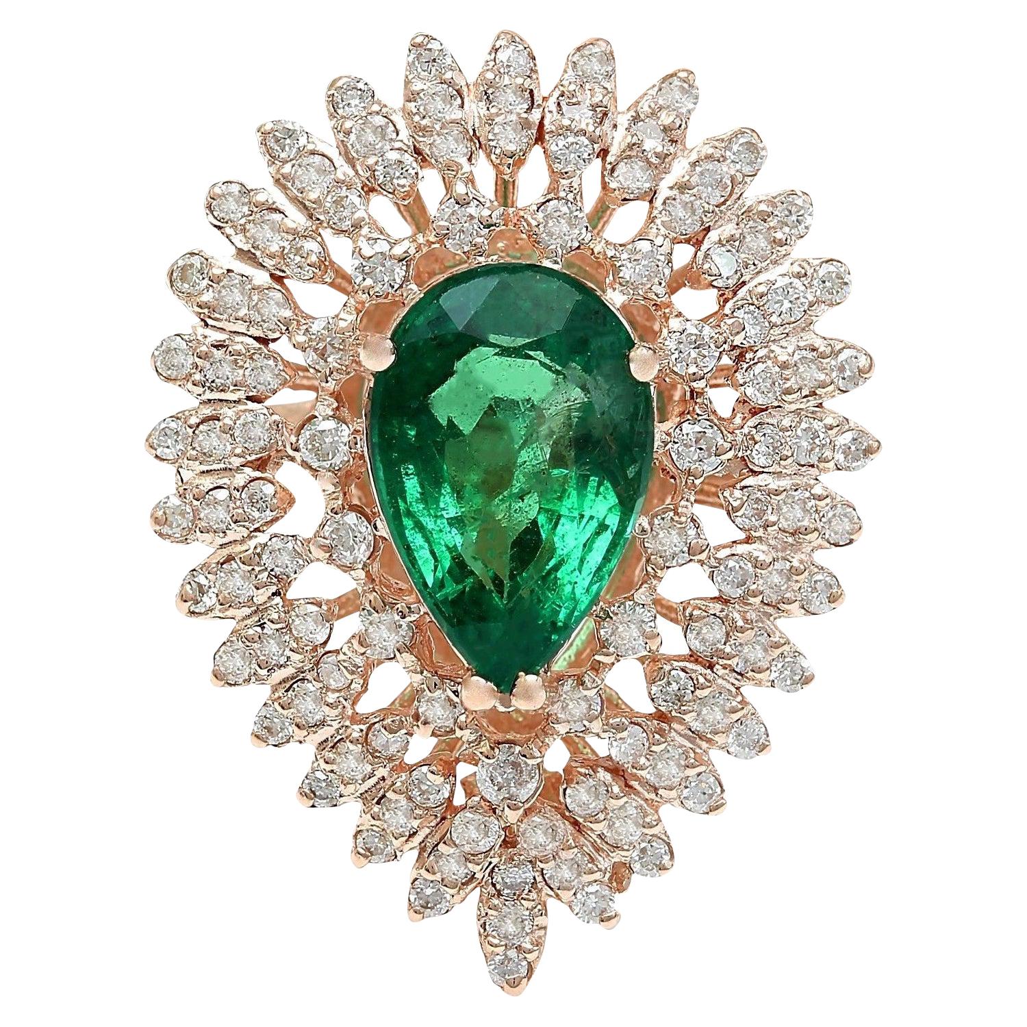 Natural Emerald Diamond Ring In 14 Karat Solid Rose Gold  For Sale