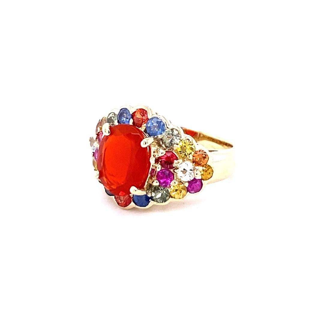 4.68 Carat Oval Cut Fire Opal Sapphire 14 Karat Yellow Gold Cocktail Ring In New Condition For Sale In Los Angeles, CA