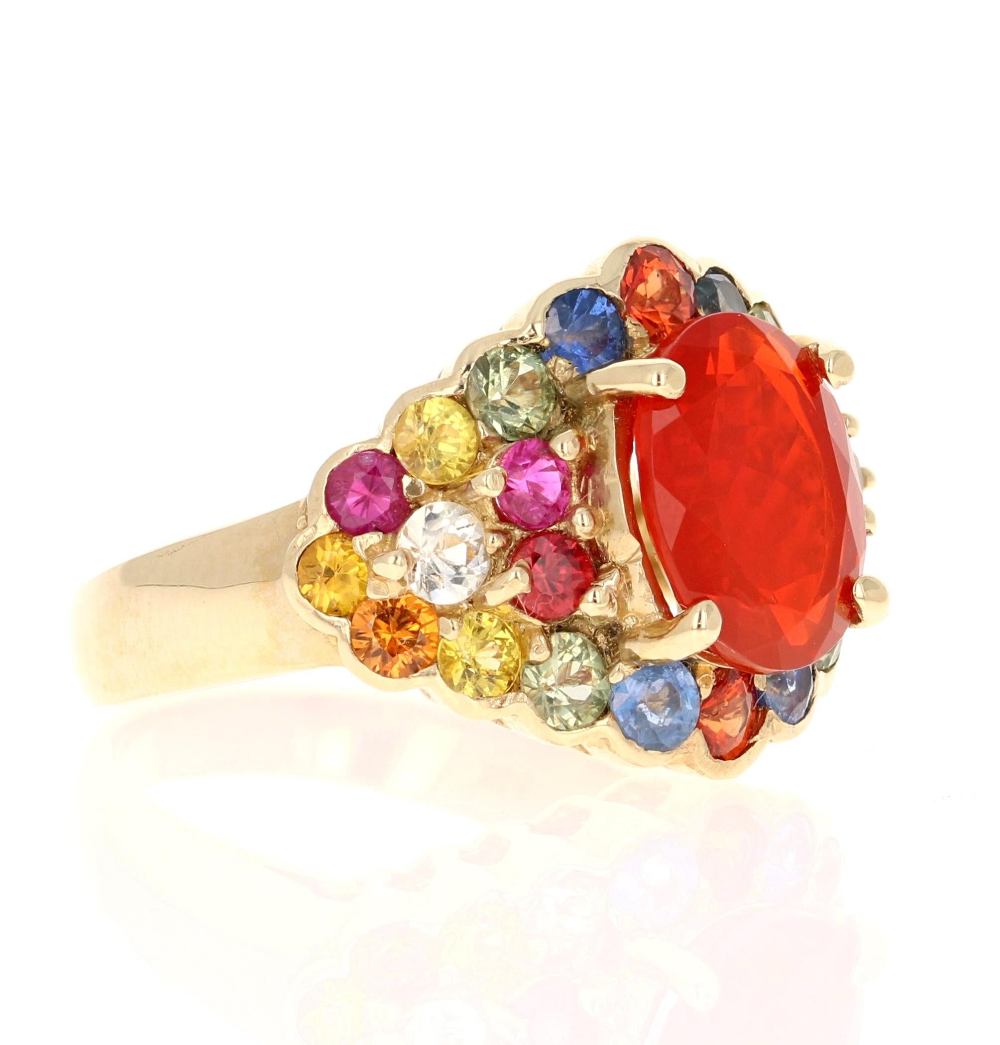 Contemporary 4.68 Carat Fire Opal Sapphire 14 Karat Yellow Gold Cocktail Ring For Sale