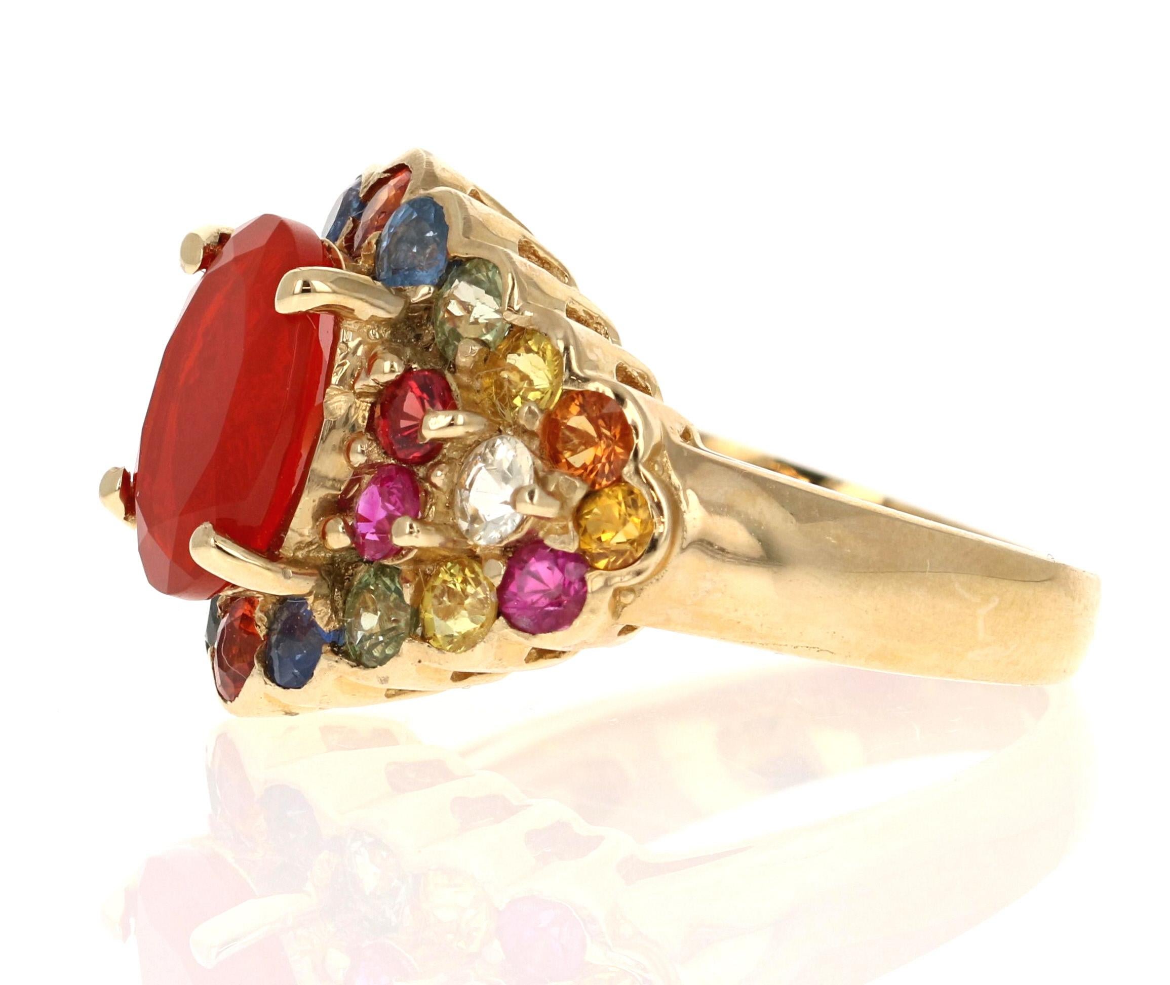 Oval Cut 4.68 Carat Fire Opal Sapphire 14 Karat Yellow Gold Cocktail Ring For Sale
