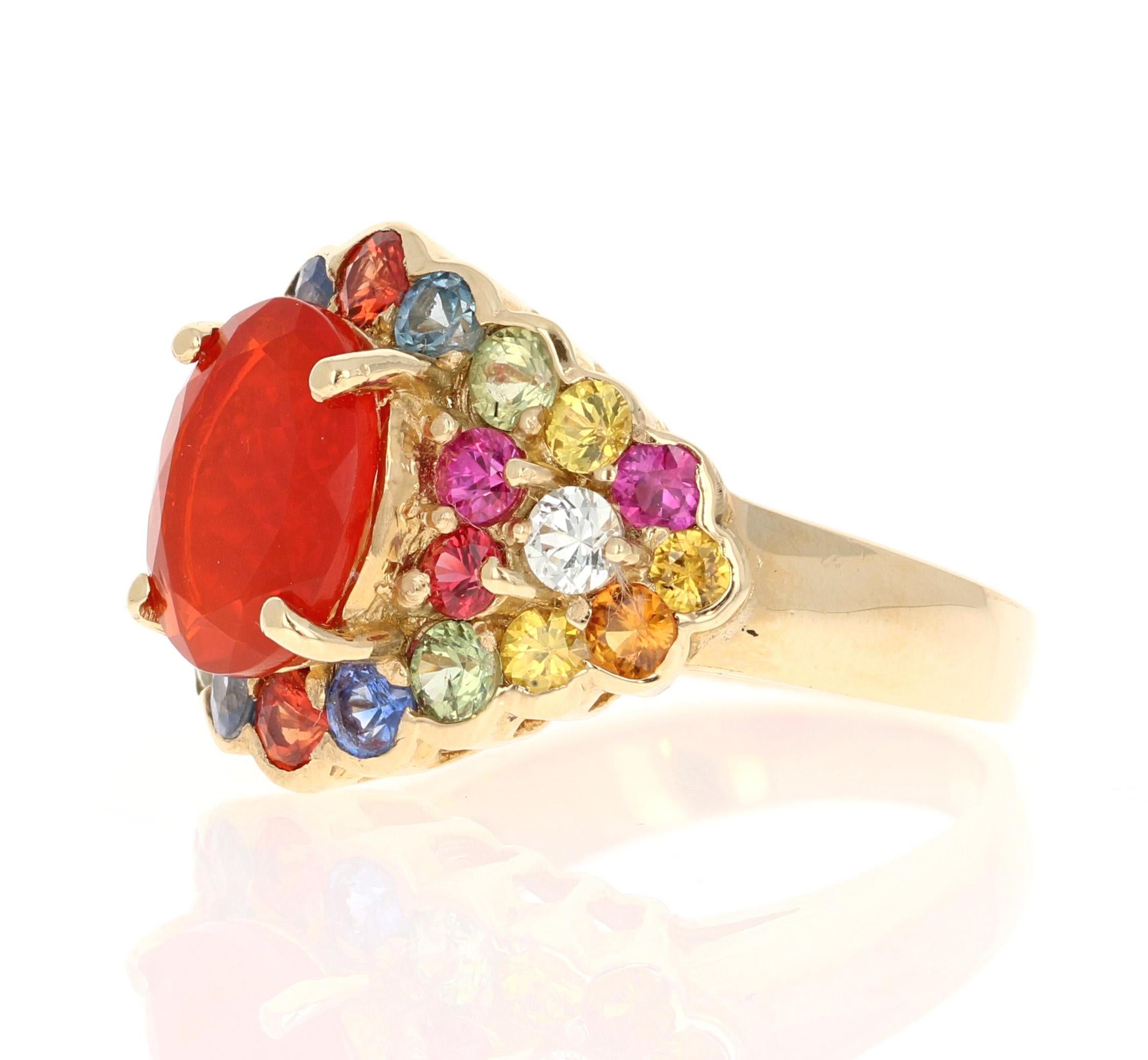 4.68 Carat Fire Opal Sapphire 14 Karat Yellow Gold Cocktail Ring In New Condition For Sale In Los Angeles, CA