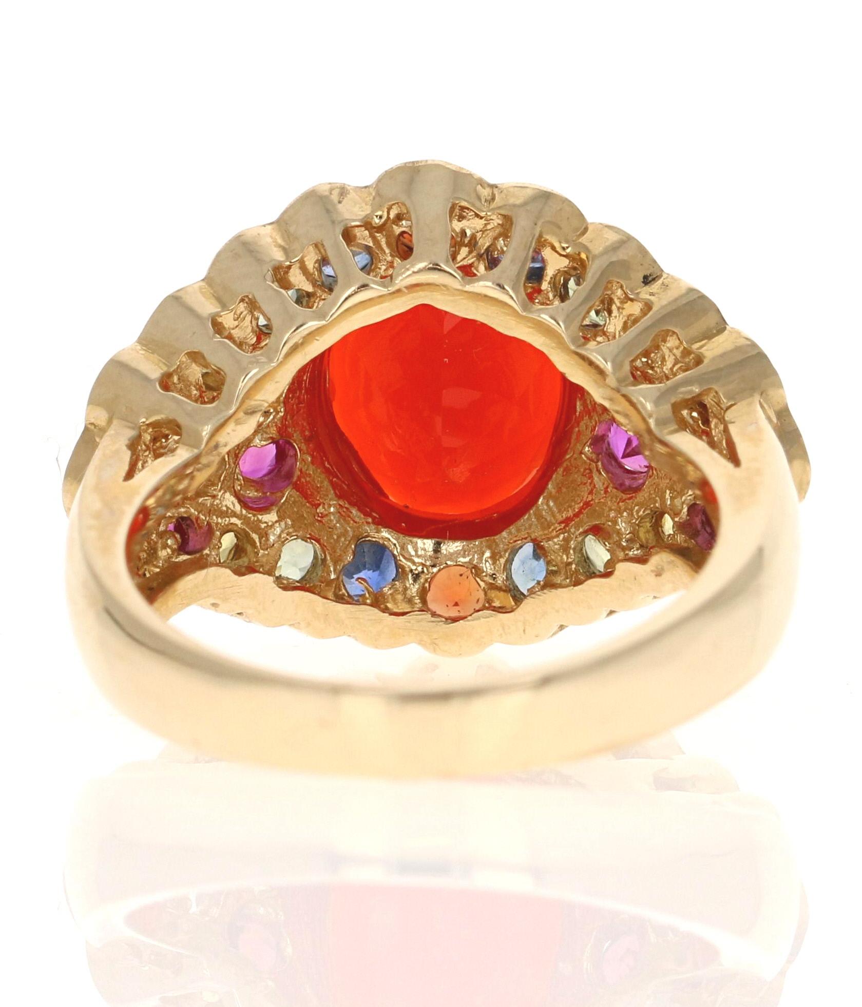 Women's 4.68 Carat Fire Opal Sapphire 14 Karat Yellow Gold Cocktail Ring For Sale